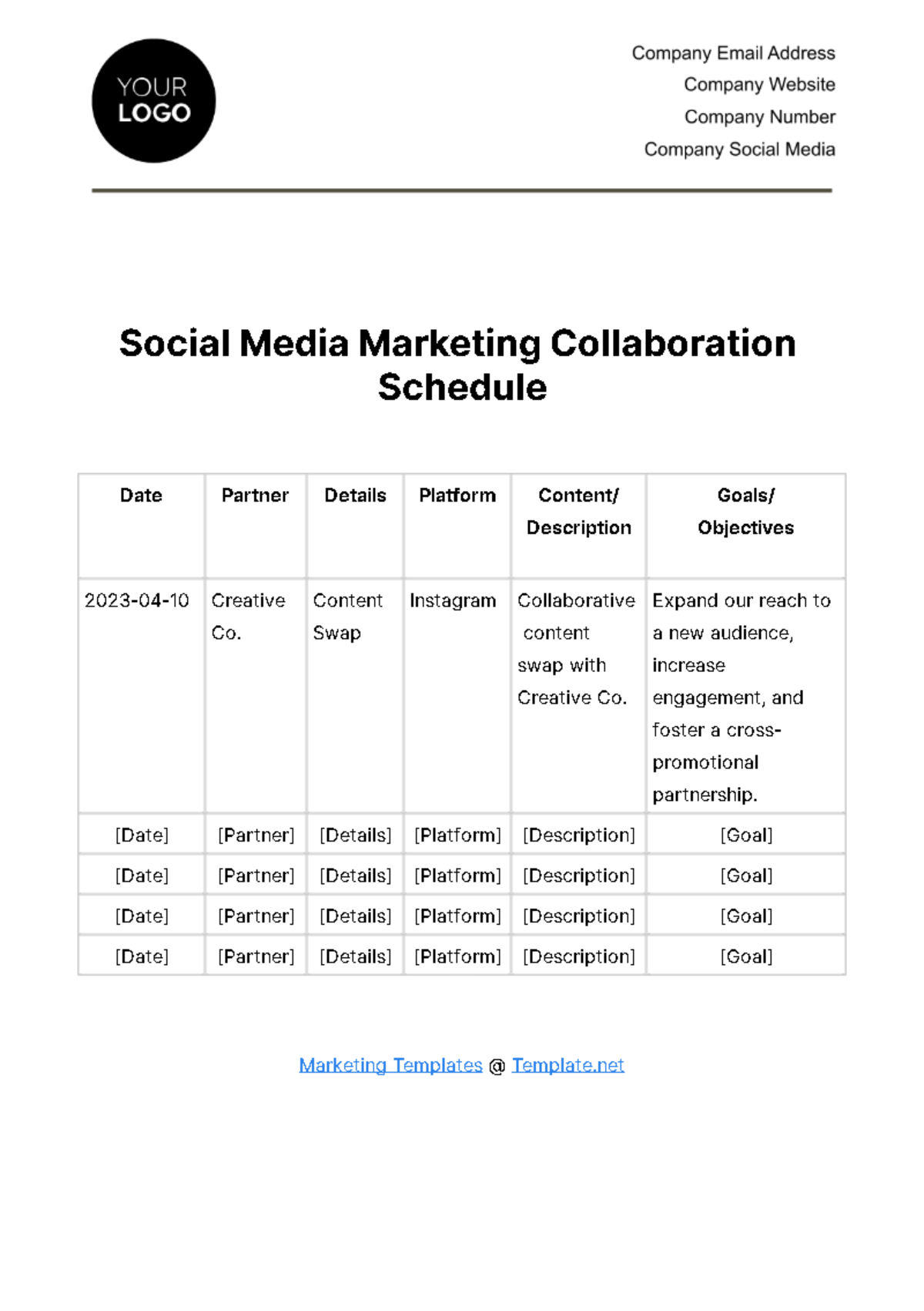 Social Media Marketing Collaboration Schedule Template