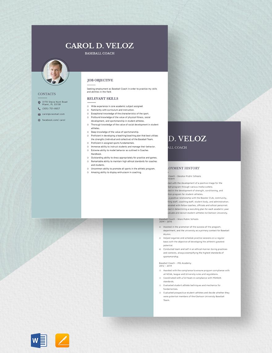 Free Baseball Coach Resume Word, Apple Pages