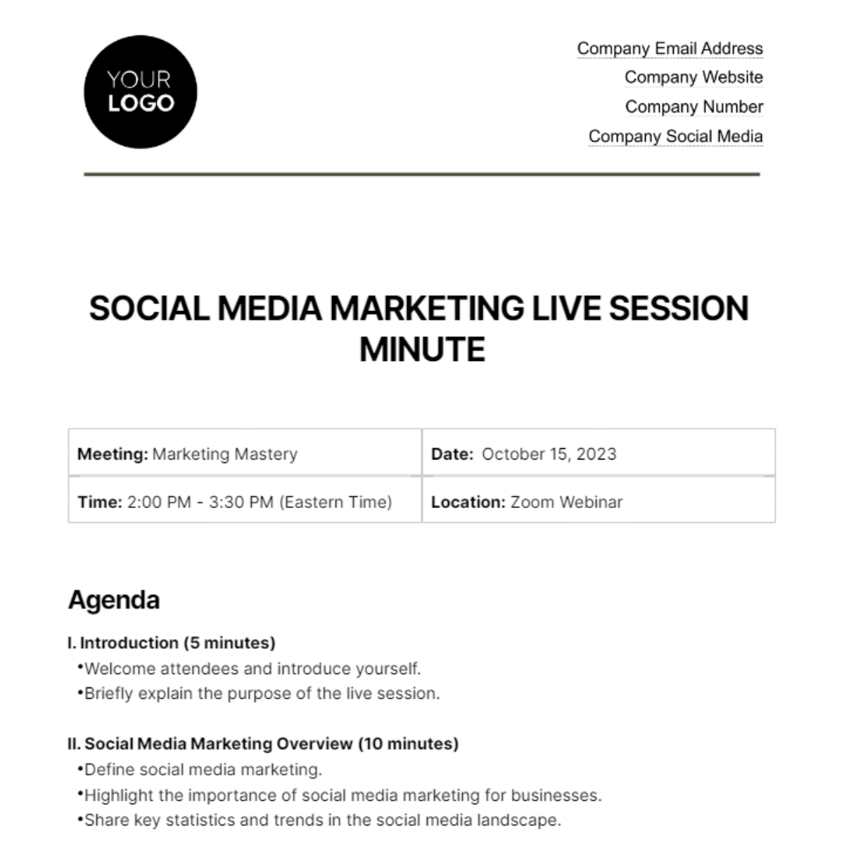 Social Media Marketing Live Session Minute Template