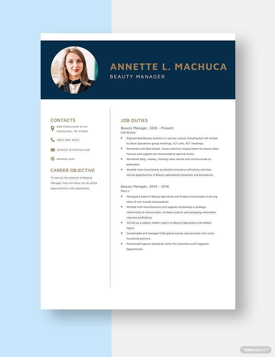 Beauty Manager Resume in Word, Apple Pages