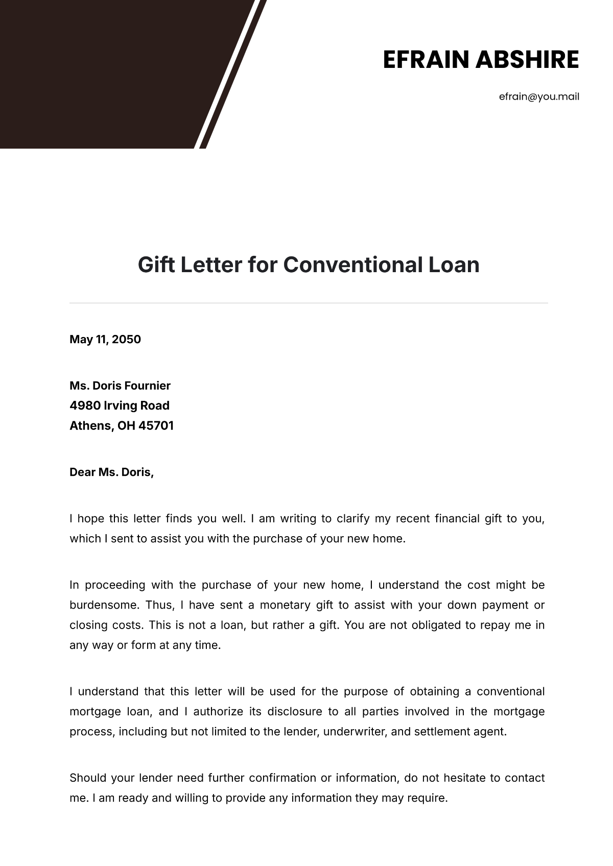 Gift Letter for Conventional Loan Template