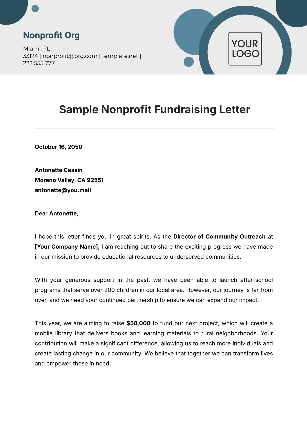 Sample Nonprofit Fundraising Letter Template | Template.net