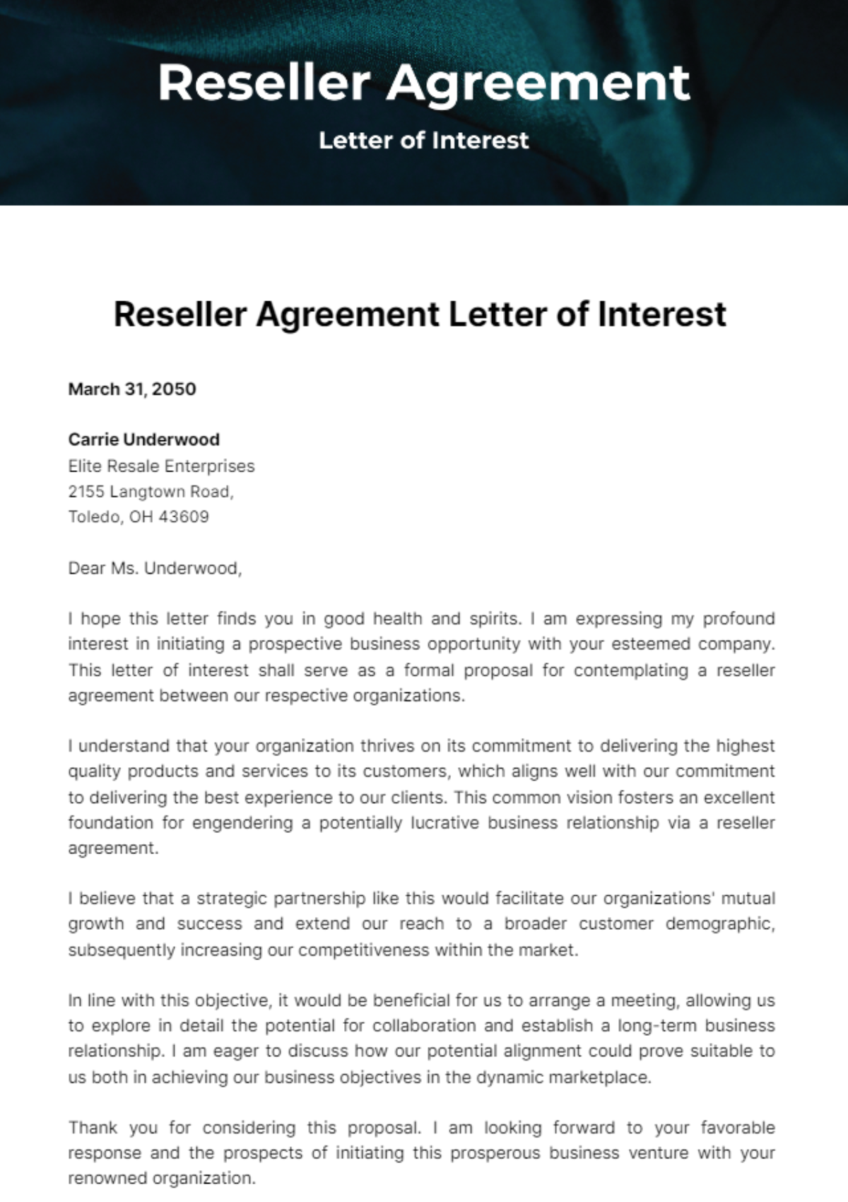 Reseller Agreement Letter of Interest Template - Edit Online & Download