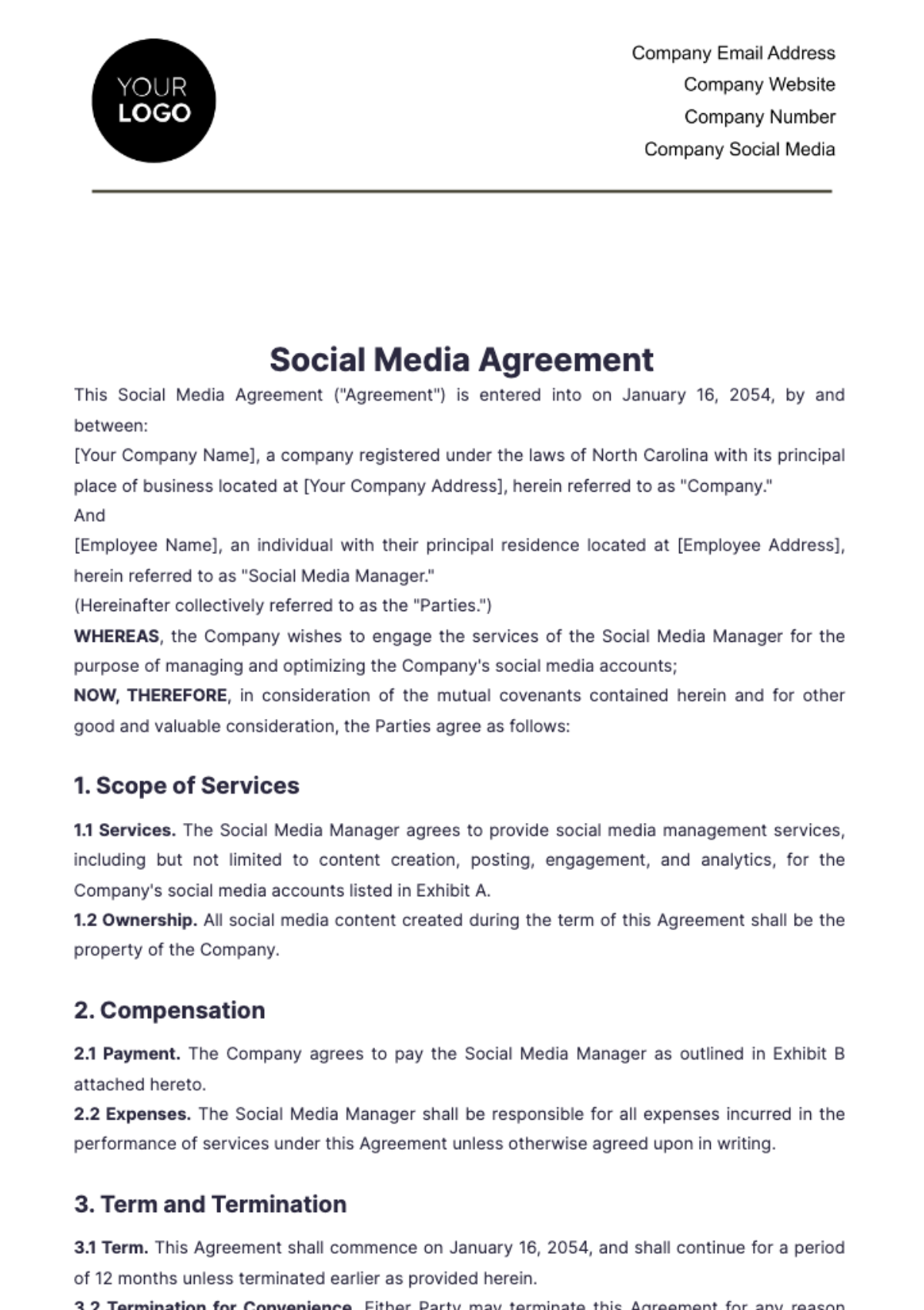 Social Media Agreement Template - Edit Online & Download