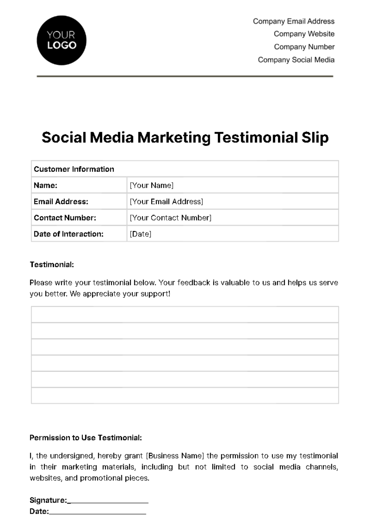 Social Media Marketing Testimonial Slip Template
