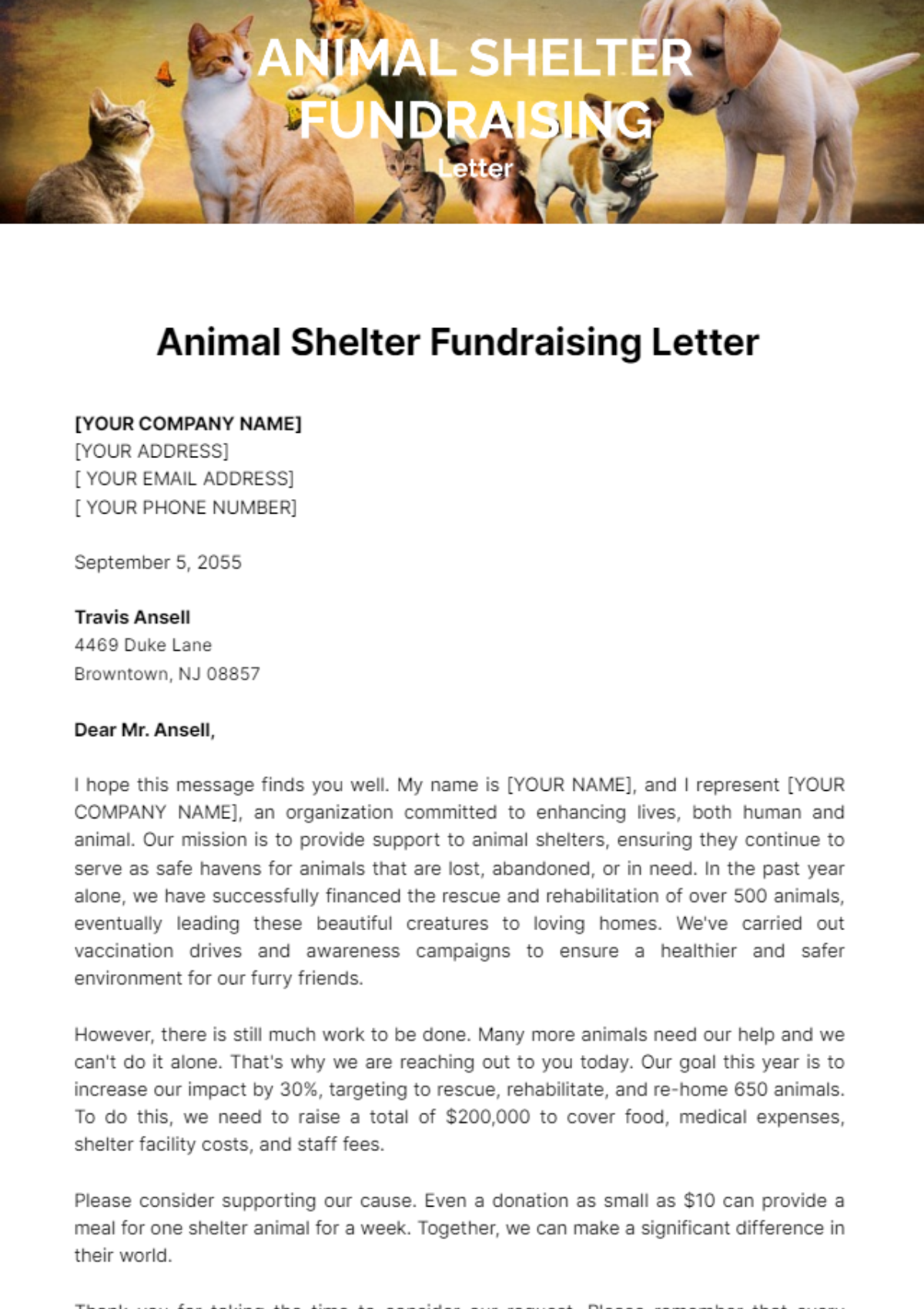 Animal Shelter Fundraising Letter Template - Edit Online & Download