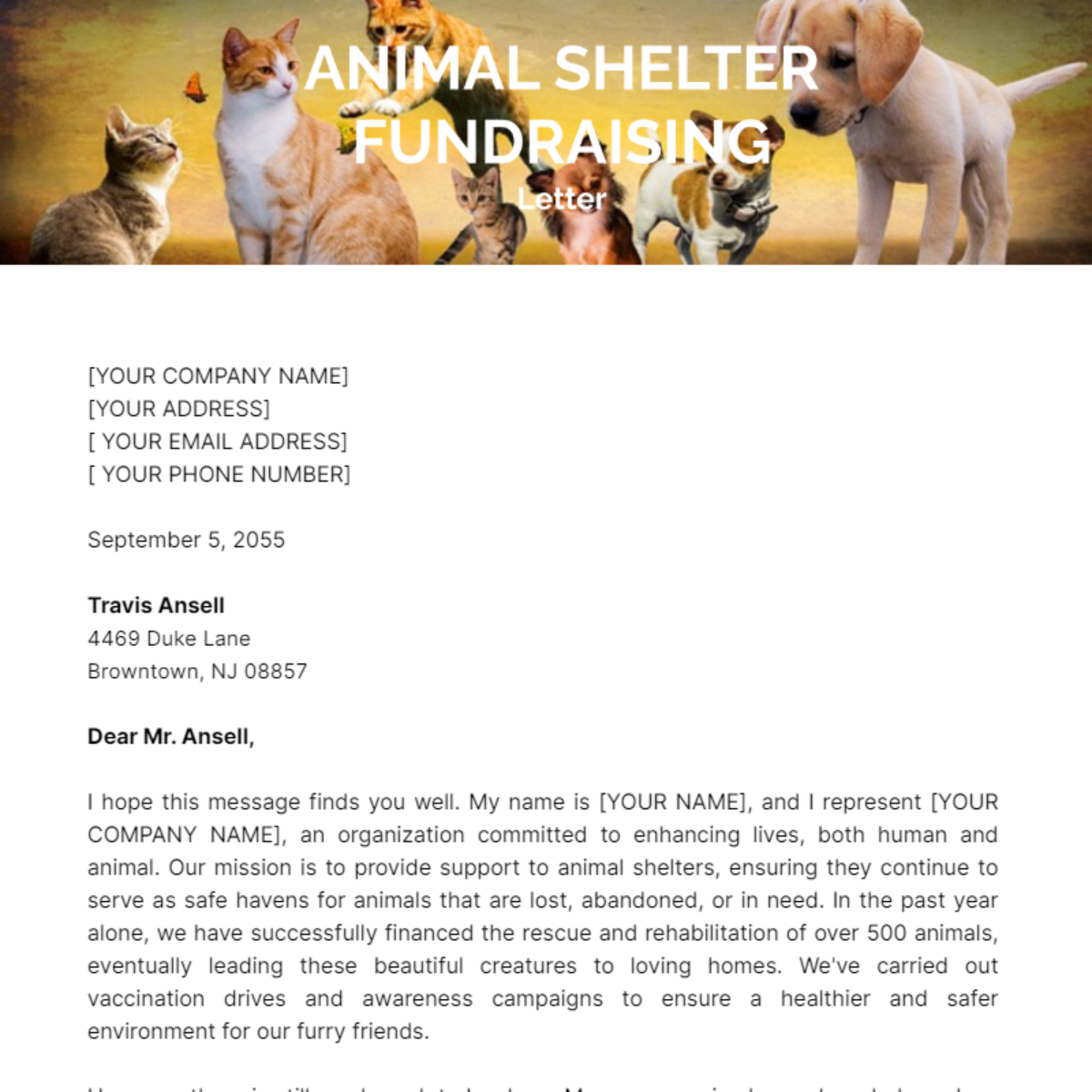 Animal Shelter Fundraising Letter Template - Edit Online & Download