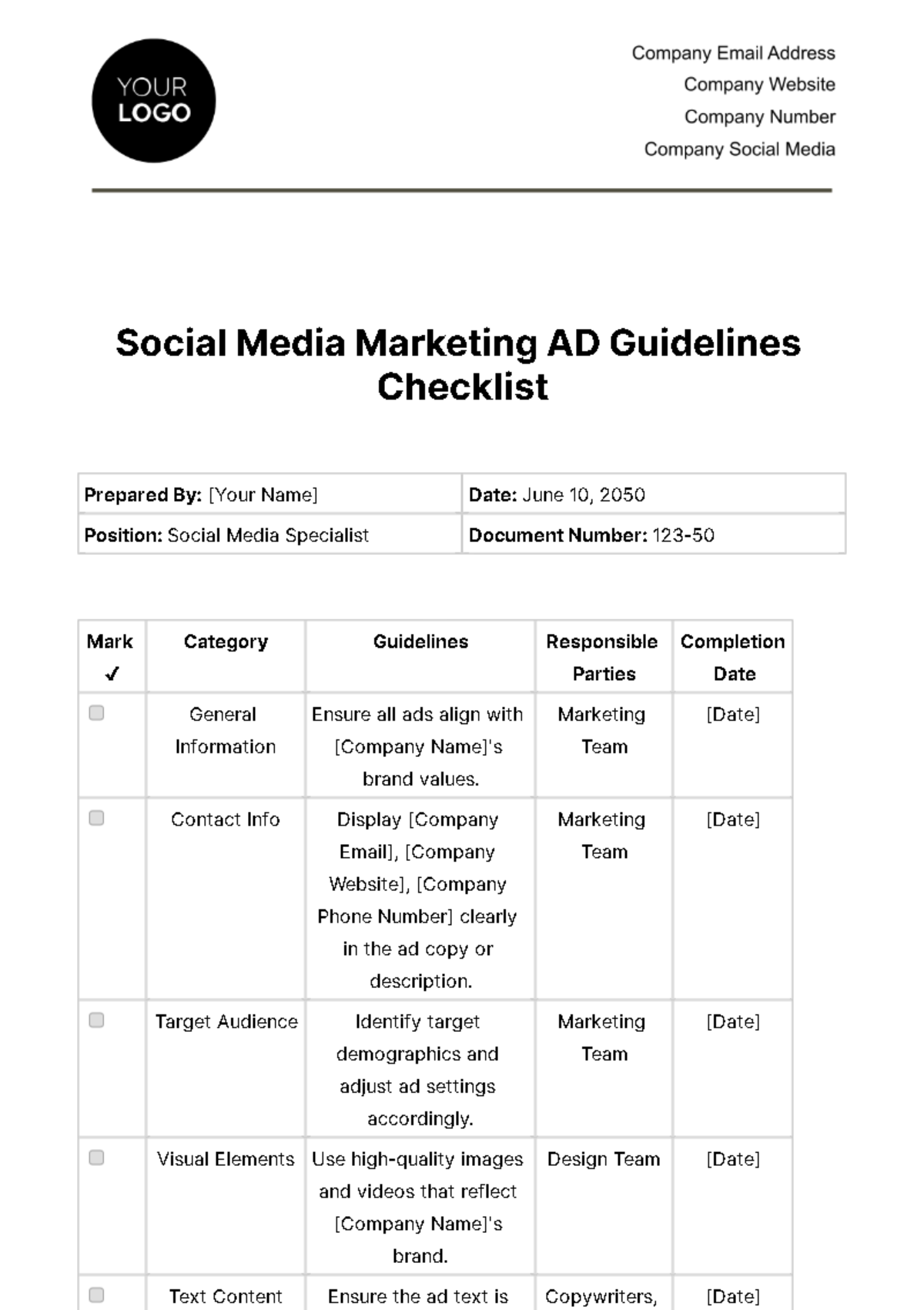 Social Media Marketing Ad Guidelines Checklist Template