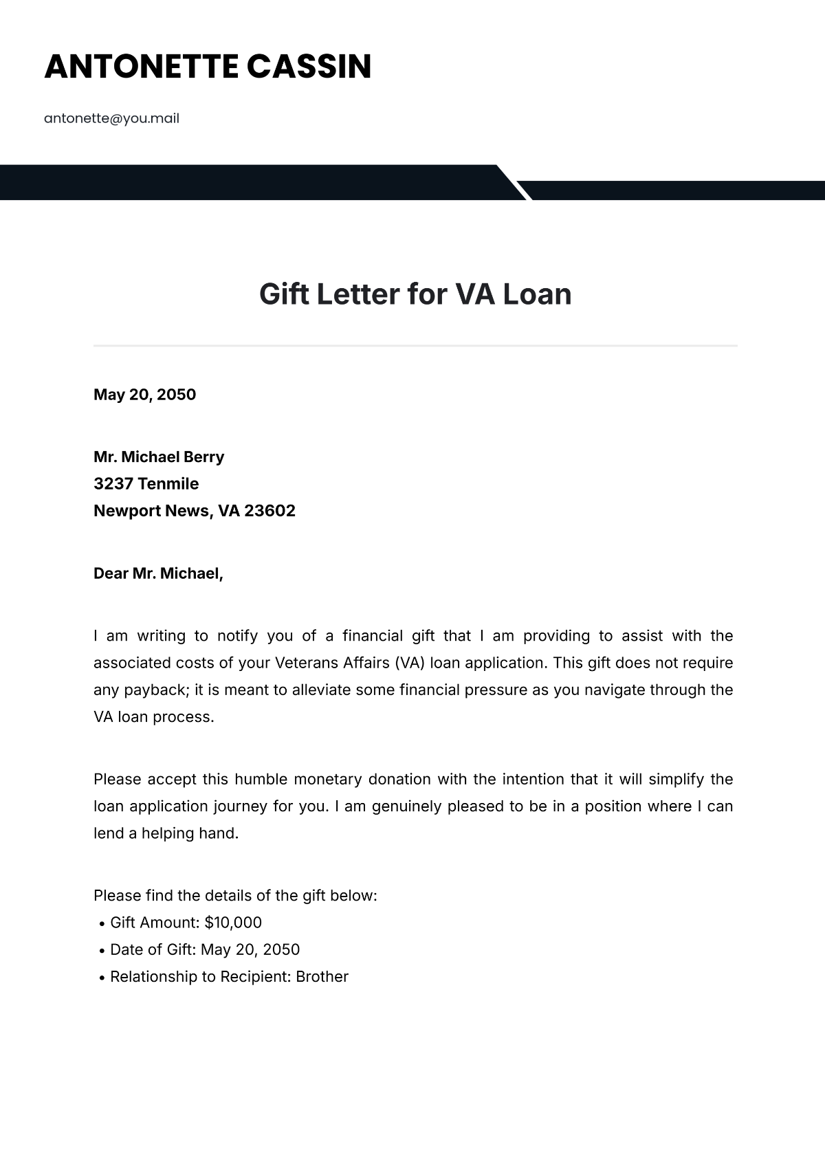 Gift Letter for VA Loan Template