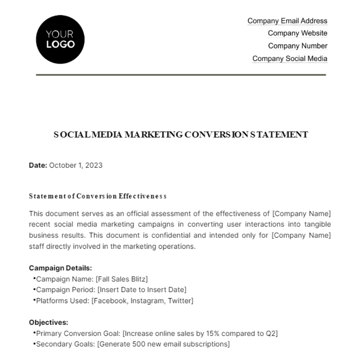 Social Media Marketing Conversion Statement Template