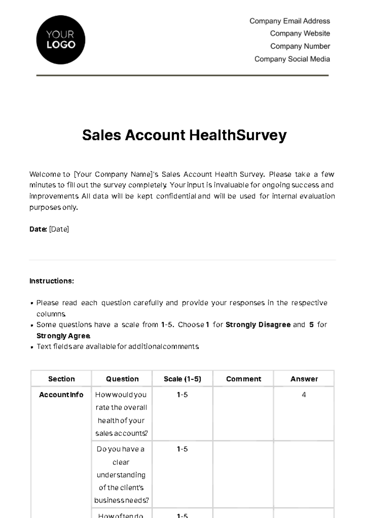 Sales Account Health Survey Template