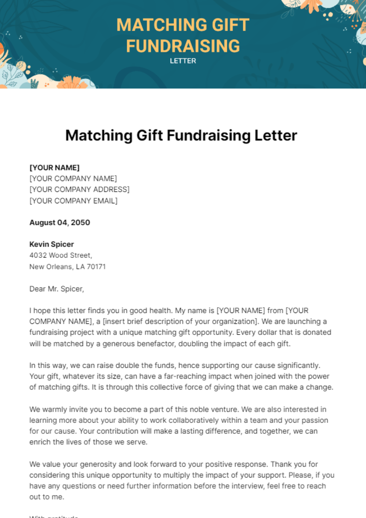 Matching Gift Fundraising Letter Template - Edit Online & Download