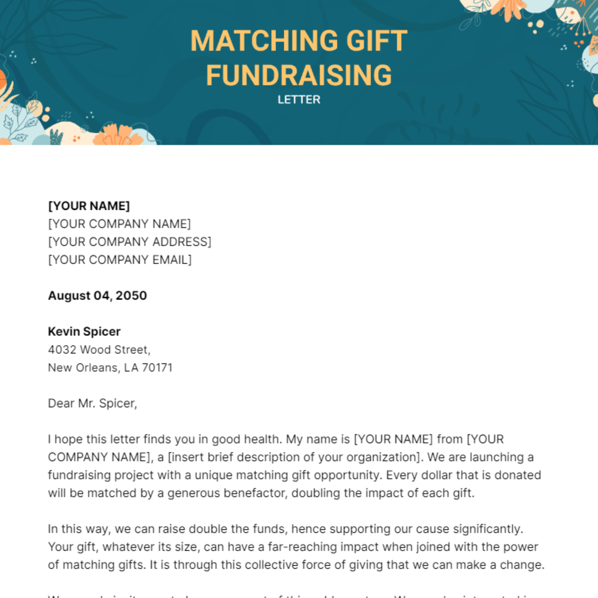 Matching Gift Fundraising Letter Template - Edit Online & Download