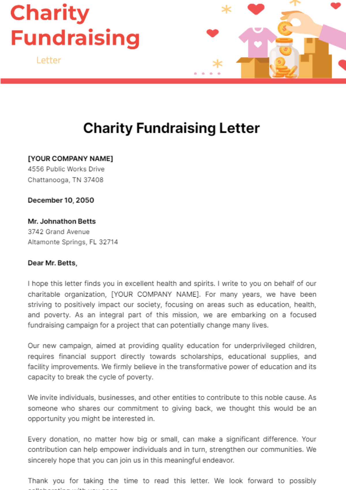 Charity Fundraising Letter Template - Edit Online & Download