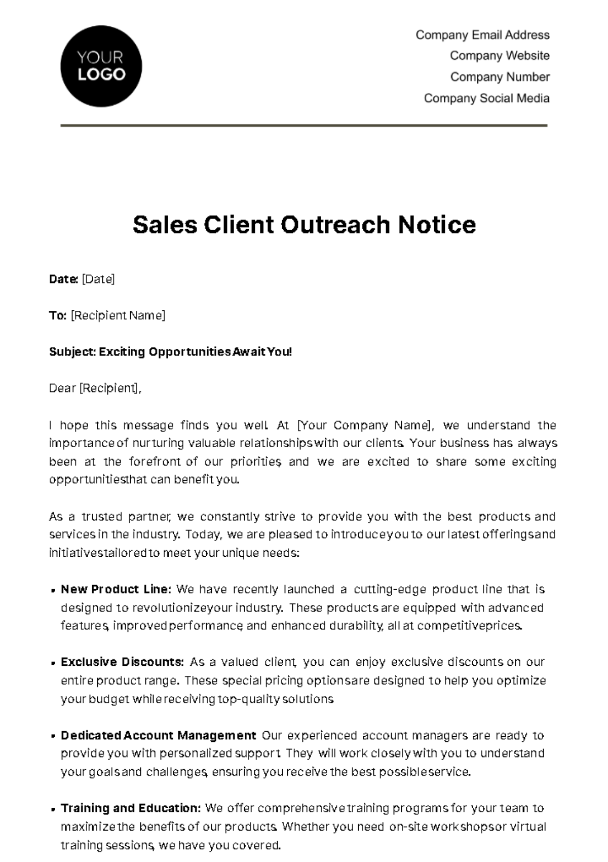 Sales Client Outreach Notice Template