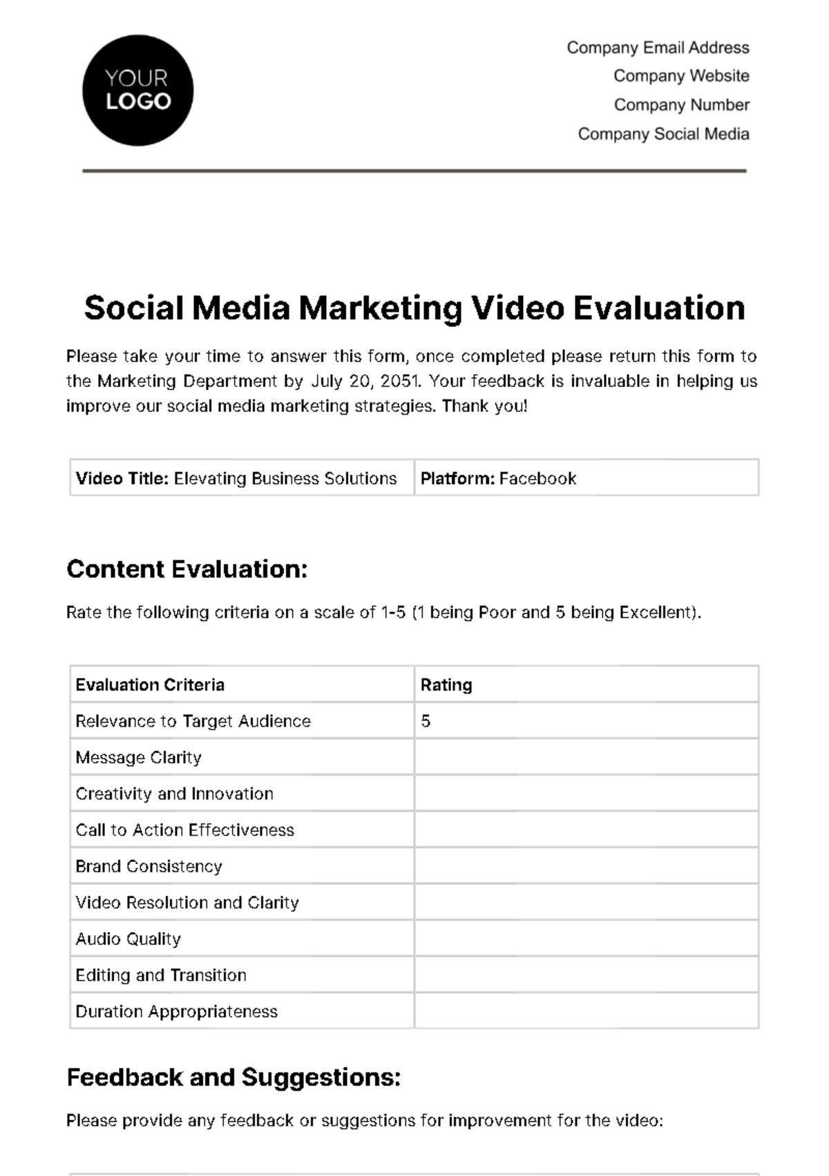Social Media Marketing Video Evaluation Template