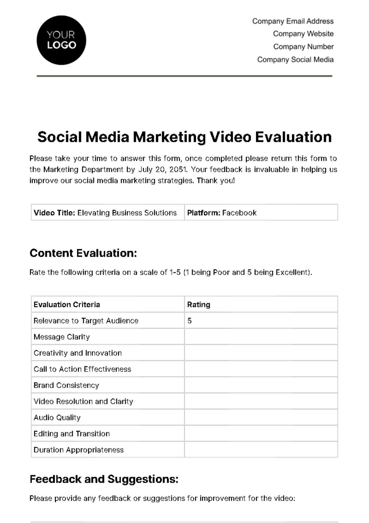 Social Media Marketing Video Evaluation Template - Edit Online & Download