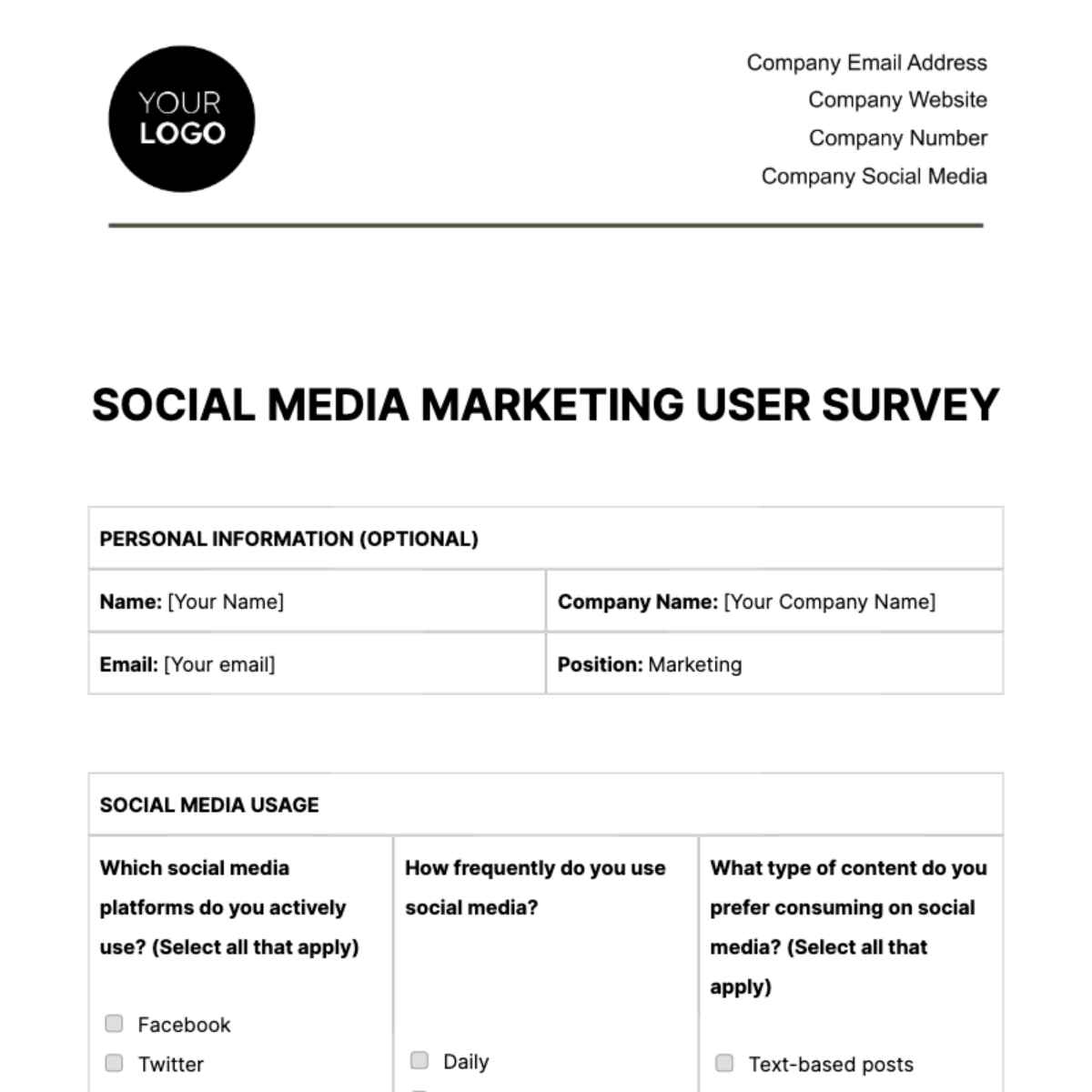 Social Media Marketing User Survey Template