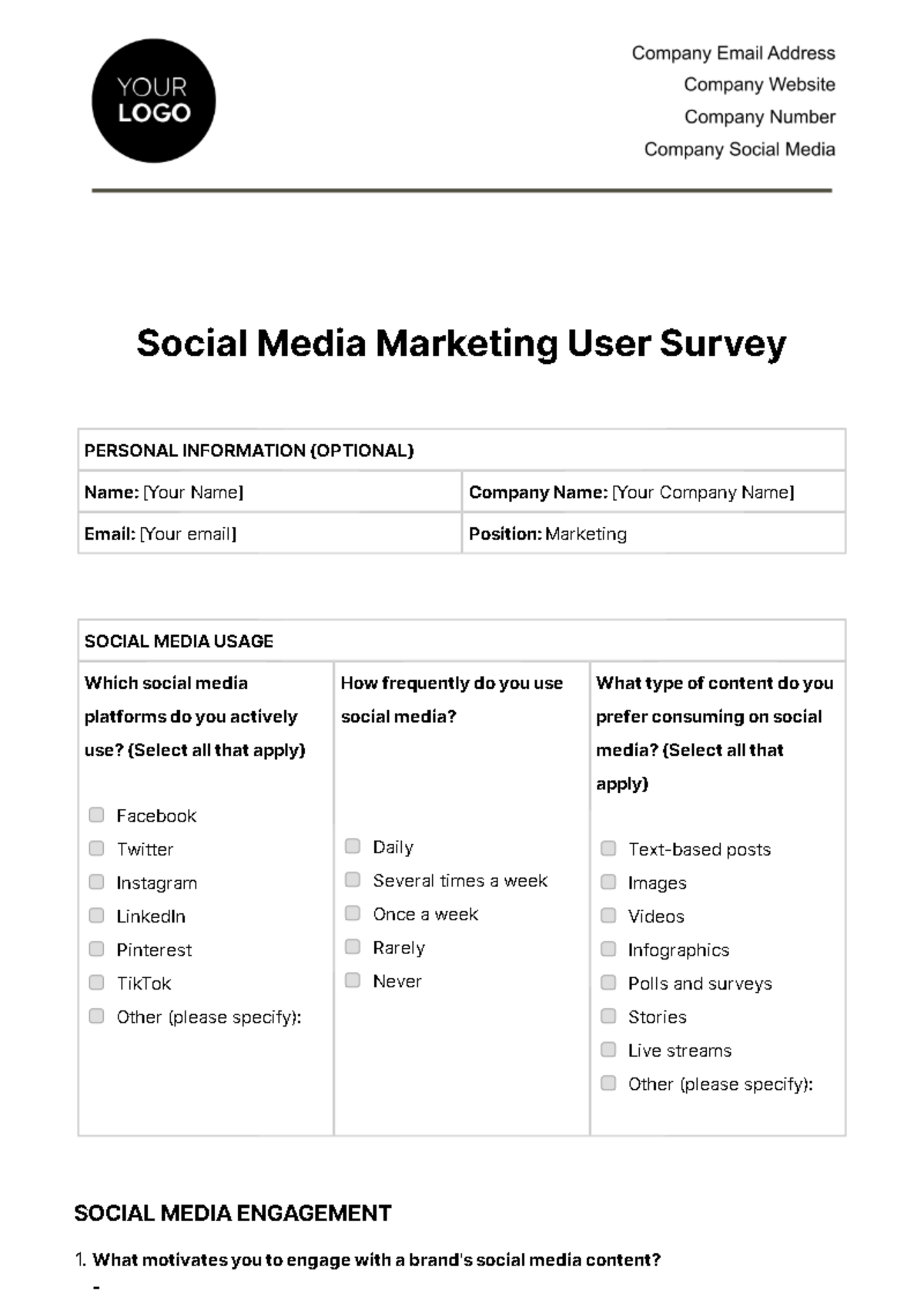 Social Media Marketing User Survey Template