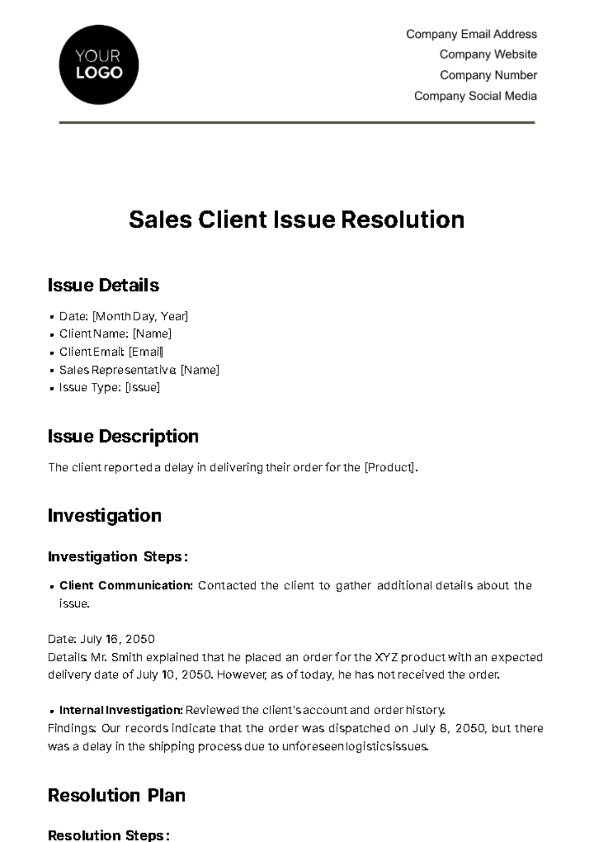 Sales Client Issue Resolution Template