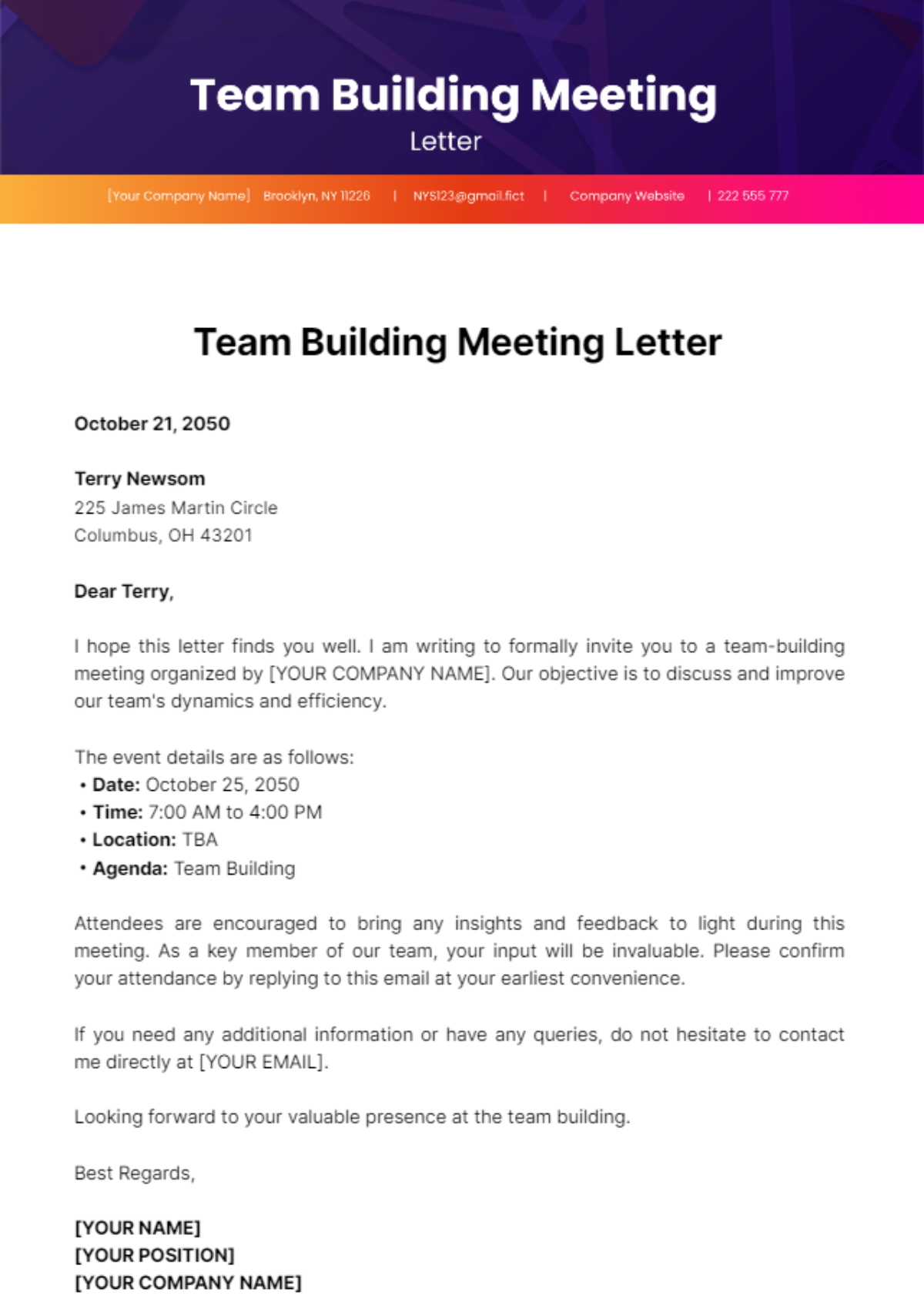 Free Team Building Meeting Letter Template Edit Online Download Template Net