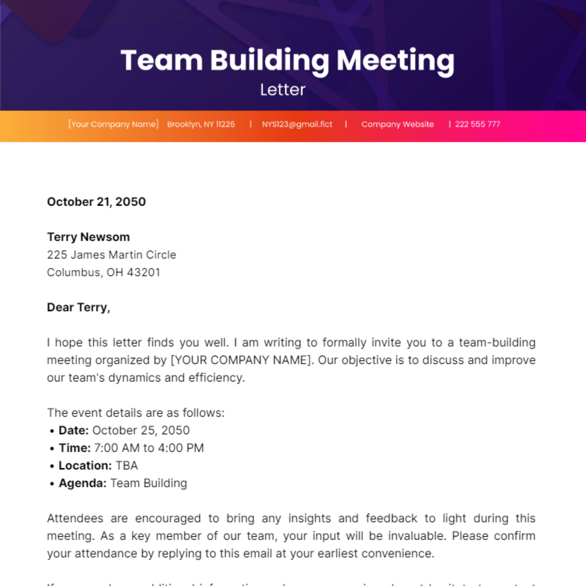 Team Building Meeting Letter Template | Template.net