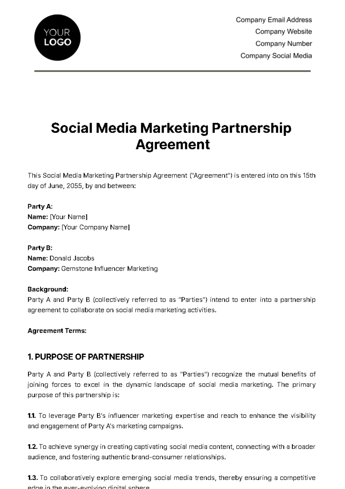 Social Media Marketing Partnership Agreement Template - Edit Online & Download