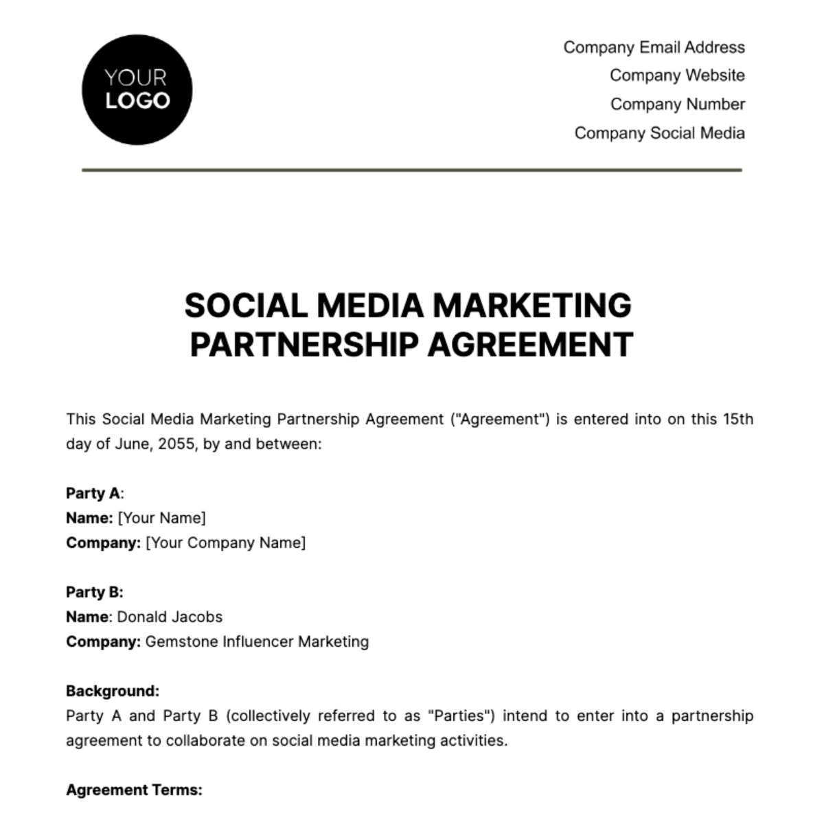 Social Media Marketing Partnership Agreement Template
