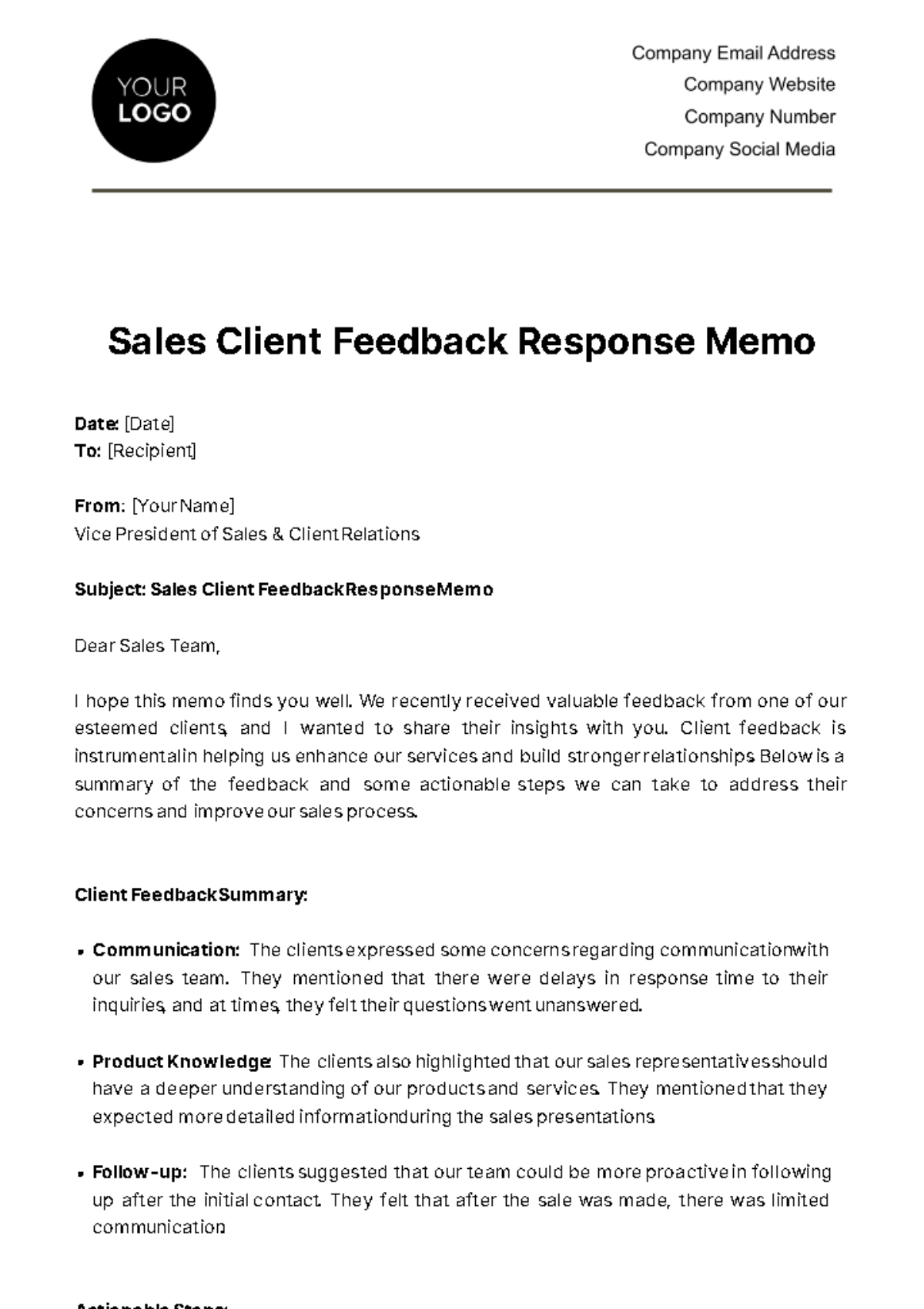 Sales Client Feedback Response Memo Template
