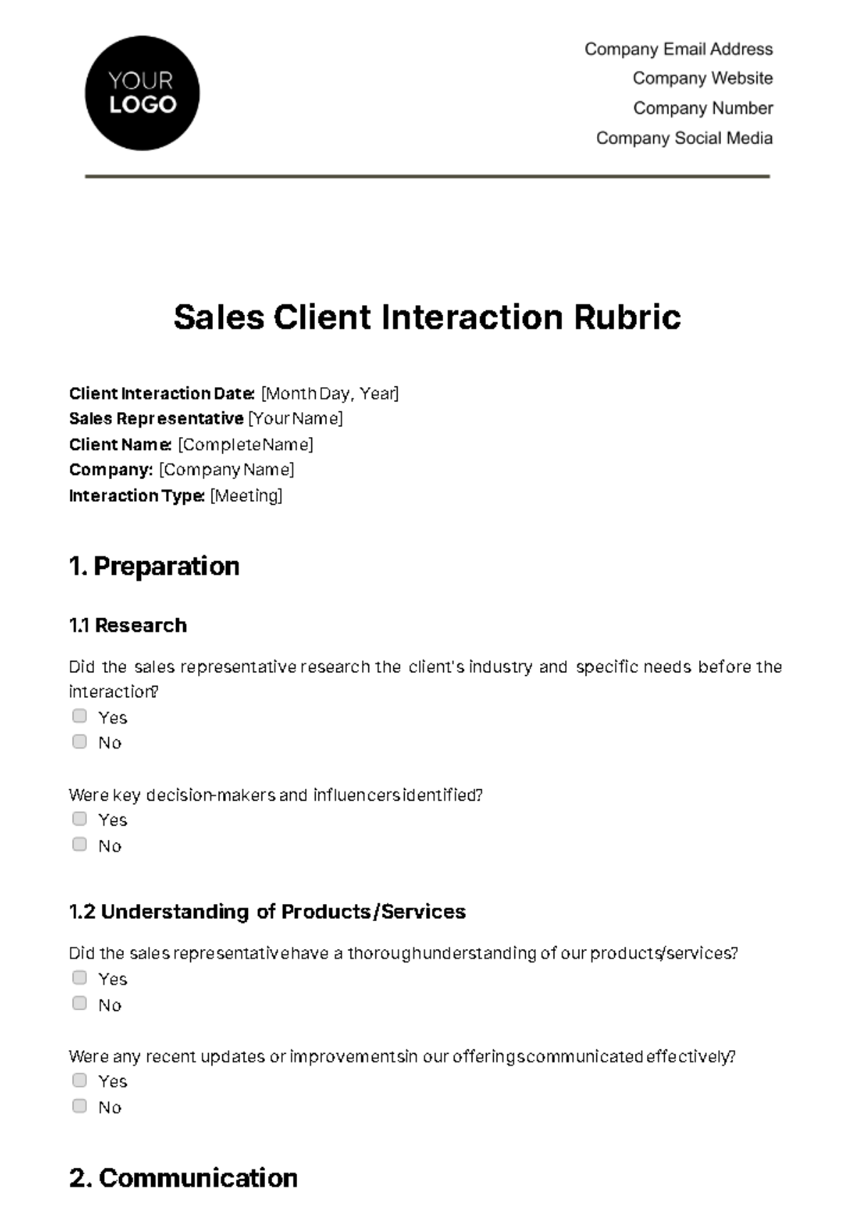 Sales Client Interaction Rubric Template