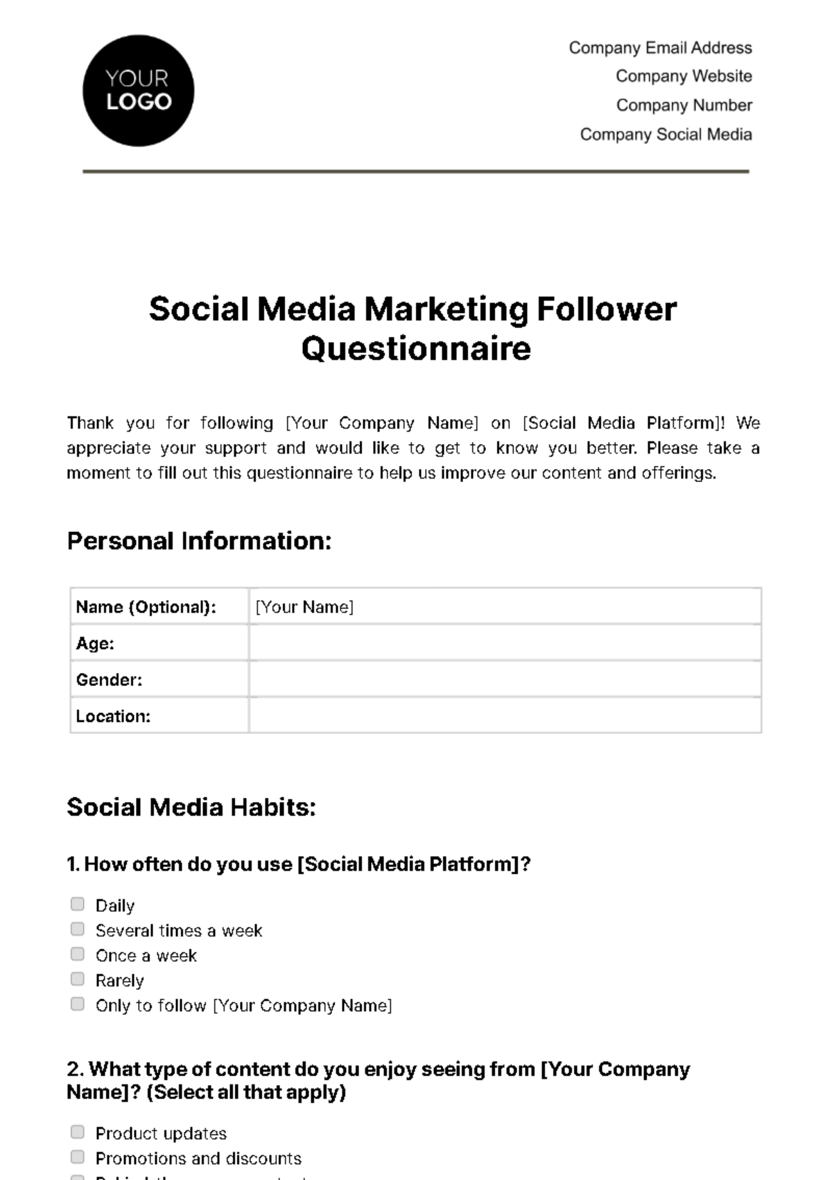 Social Media Marketing Follower Questionnaire Template - Edit Online & Download