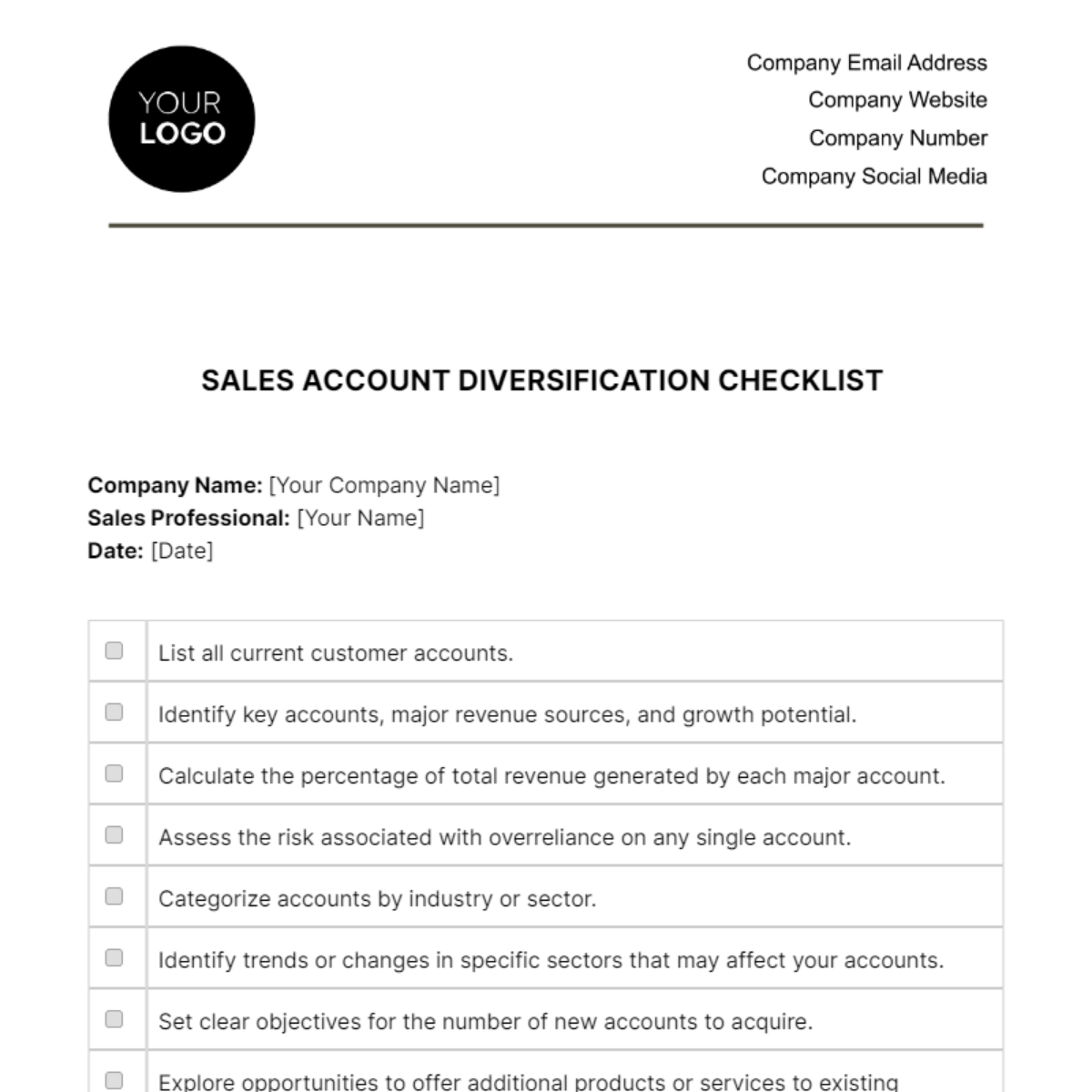 Sales Account Diversification Checklist Template - Edit Online & Download