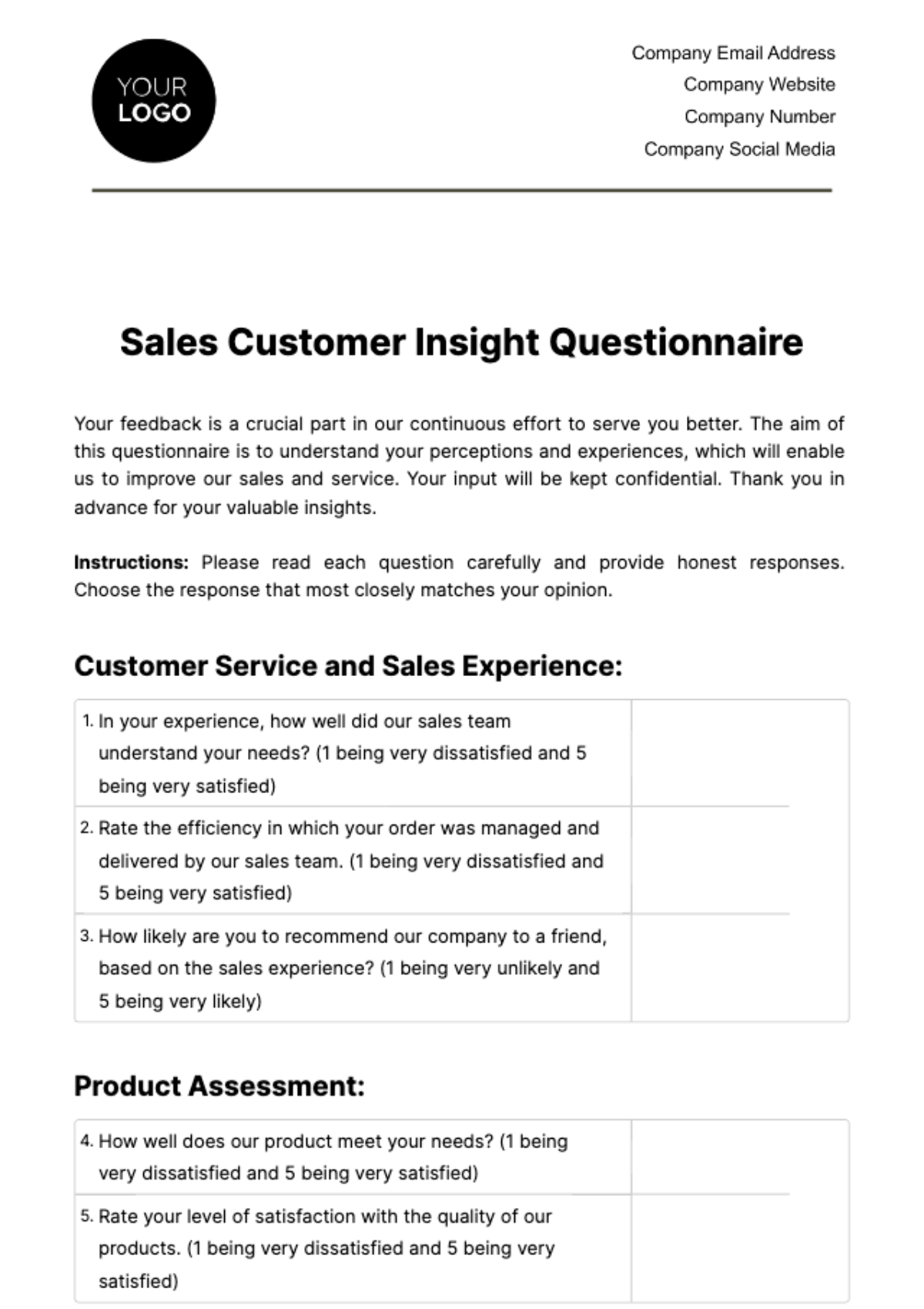 Free Sales Customer Insight Questionnaire Template