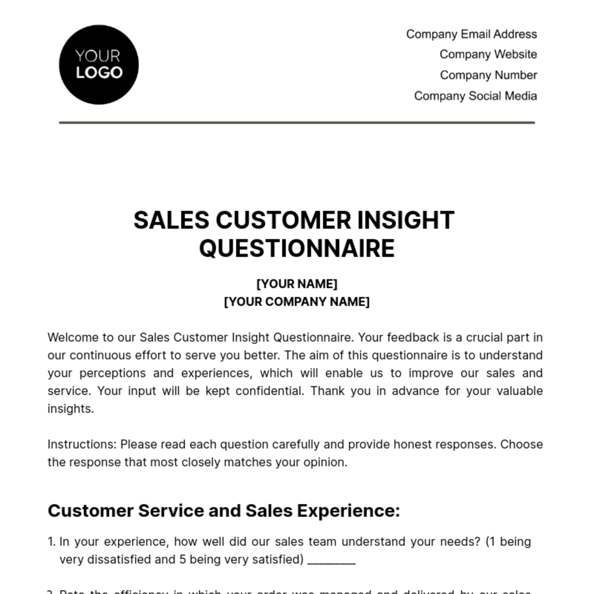 Sales Customer Insight Questionnaire Template - Edit Online & Download