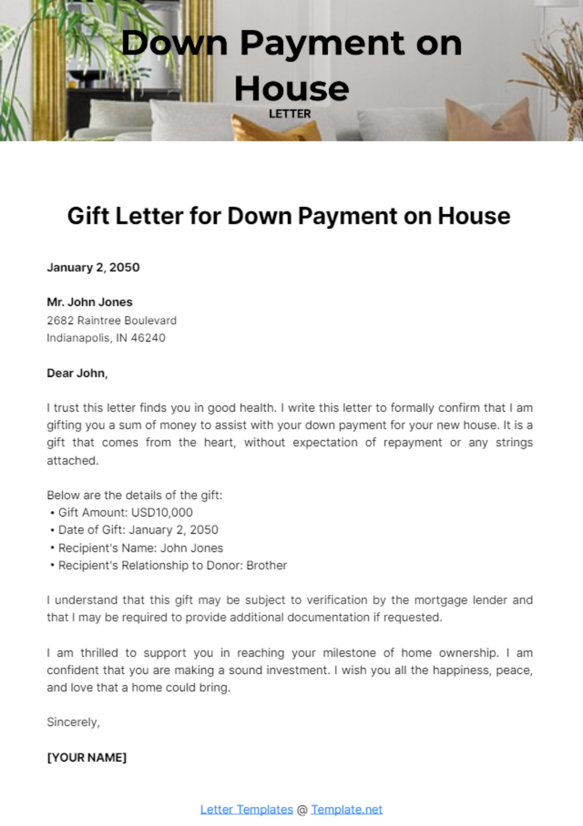 Gift Letter for Down Payment on House Template - Edit Online & Download