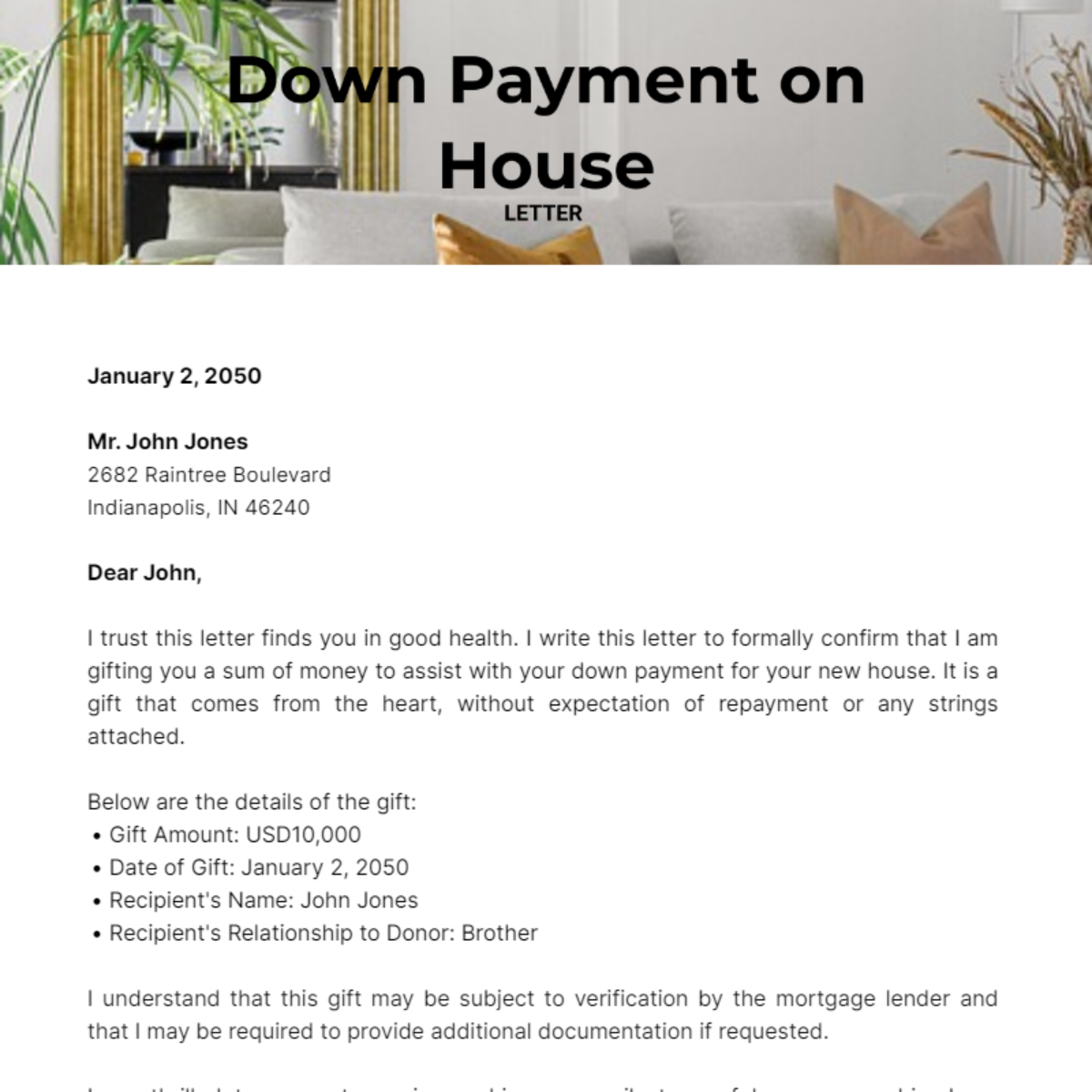 Gift Letter for Down Payment on House Template - Edit Online & Download