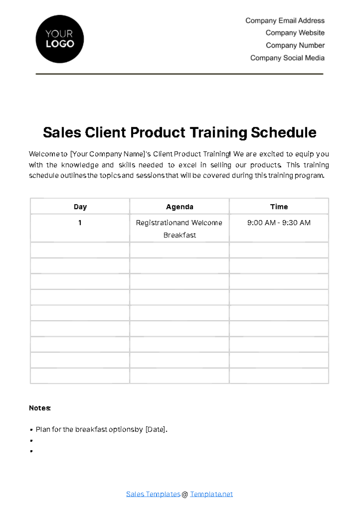Sales Client Product Training Schedule Template