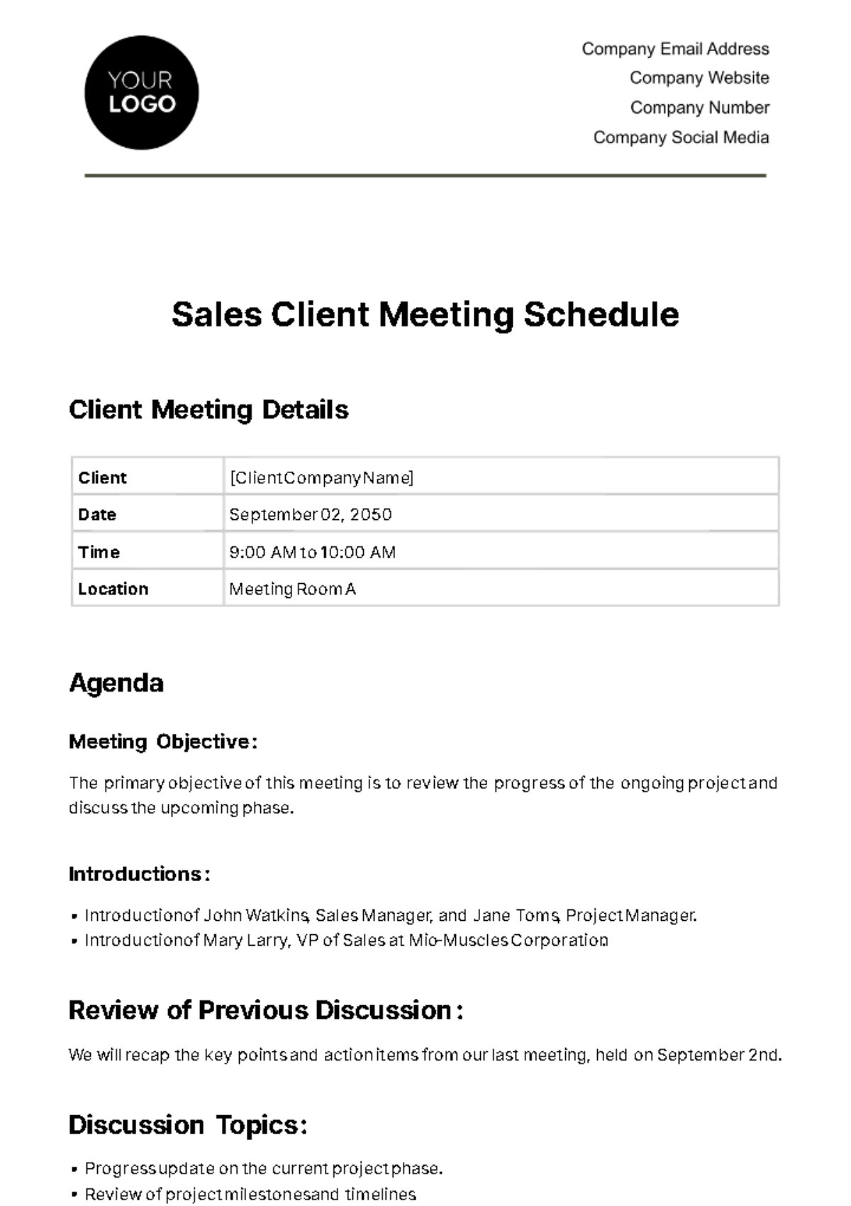 Sales Client Meeting Schedule Template