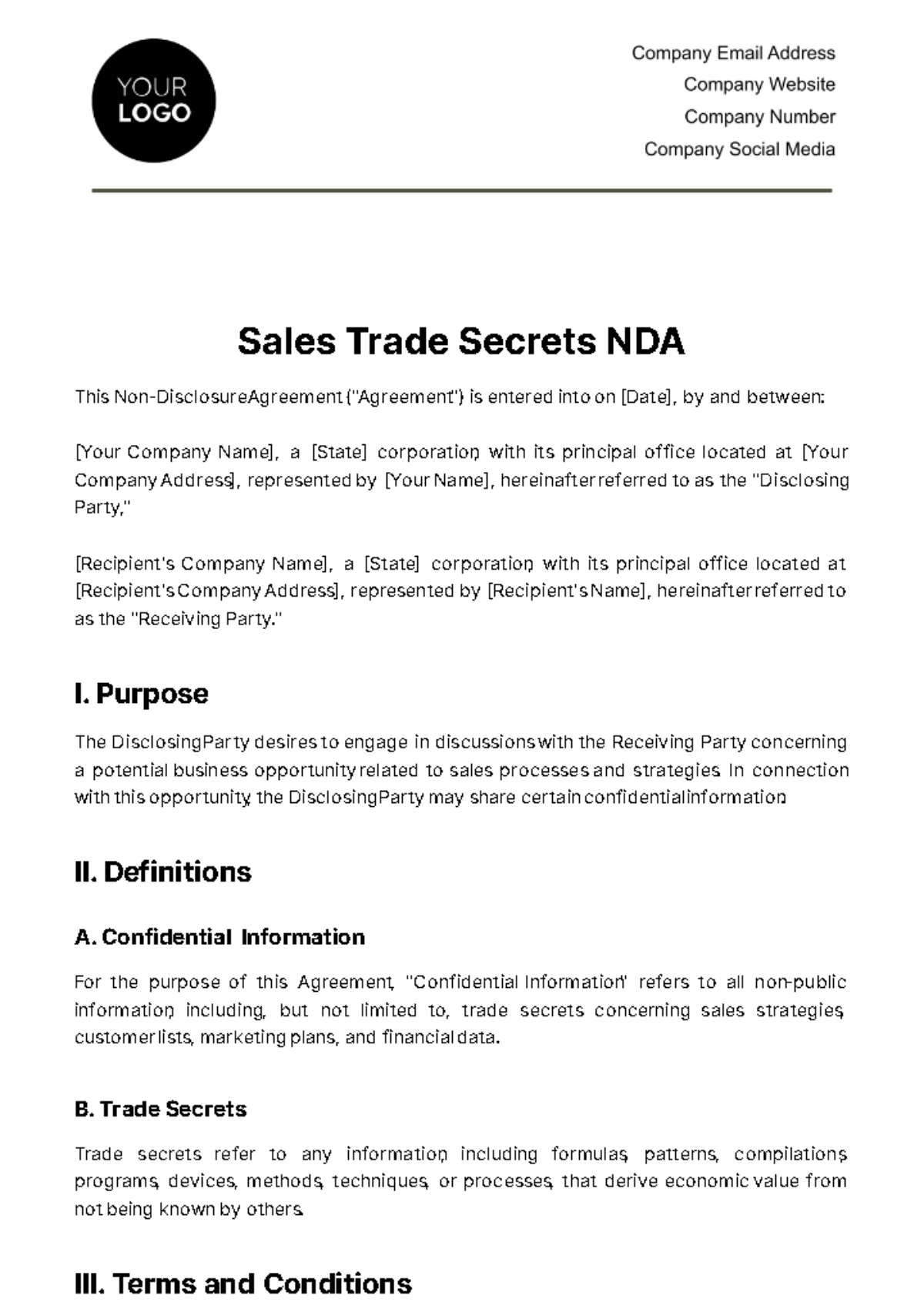 Sales Trade Secrets NDA Template