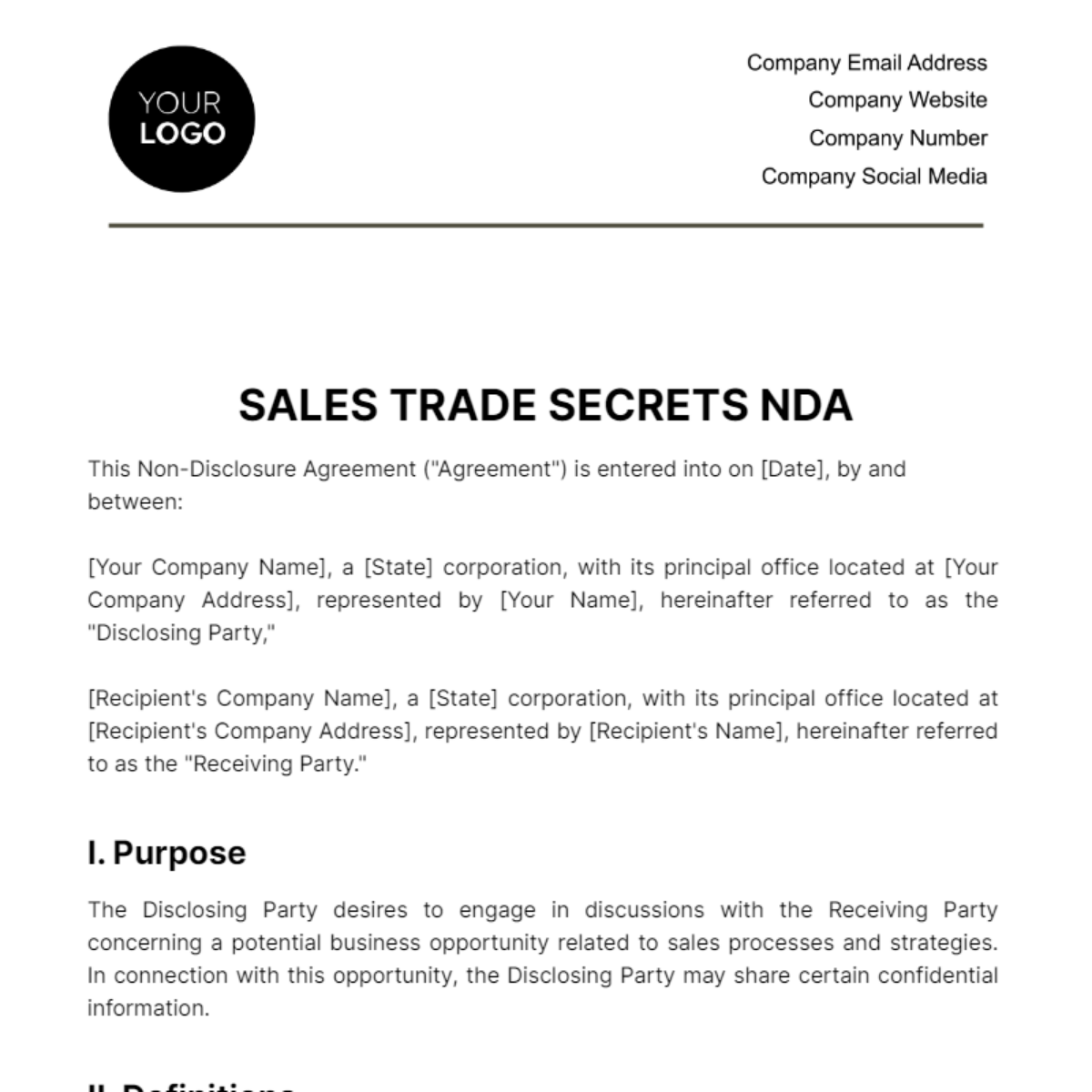 Sales Trade Secrets NDA Template - Edit Online & Download