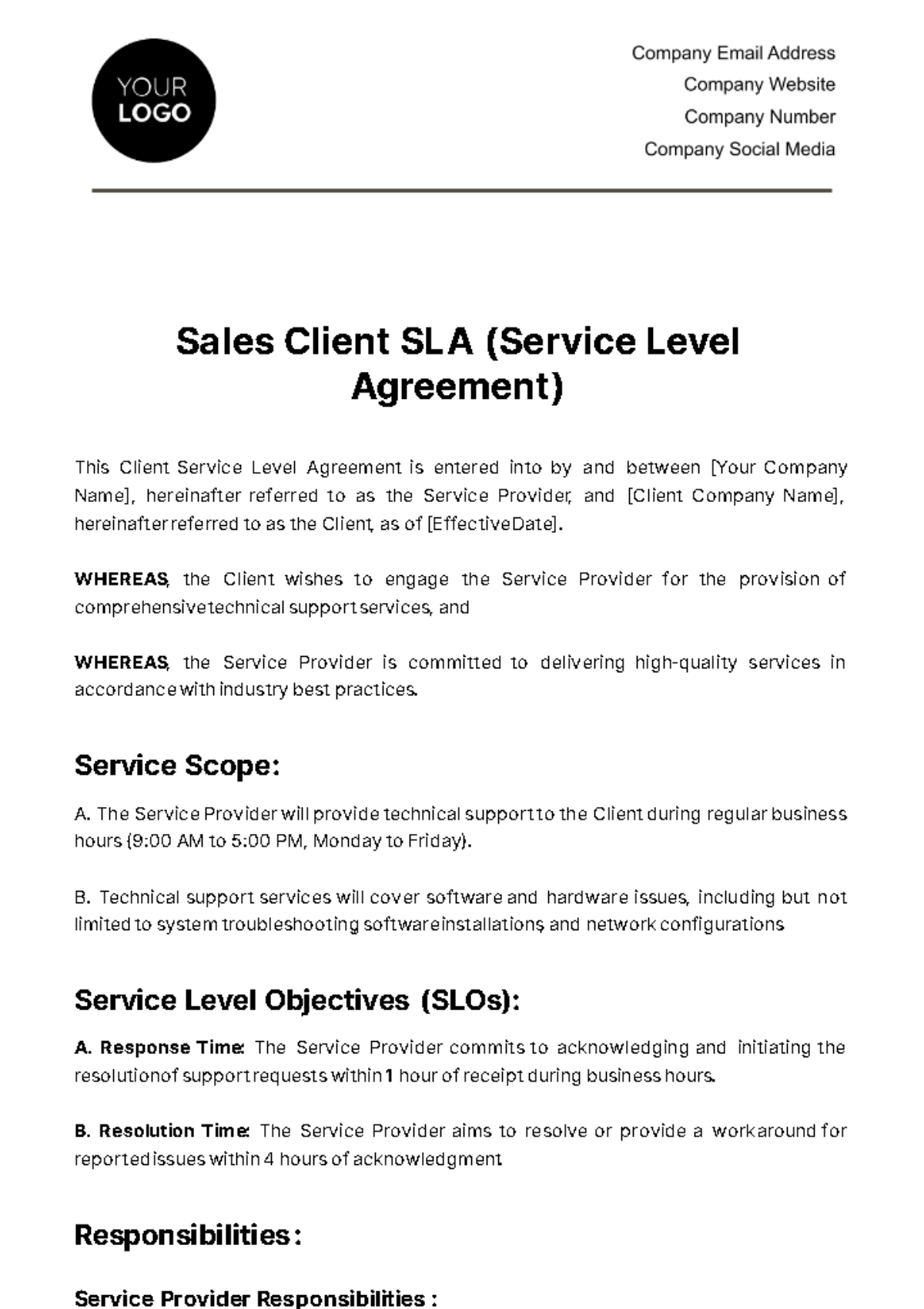 Sales Client SLA (Service Level Agreement) Template