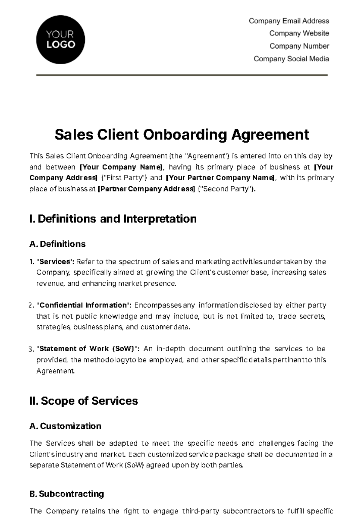 Free Sales Client Onboarding Agreement Template