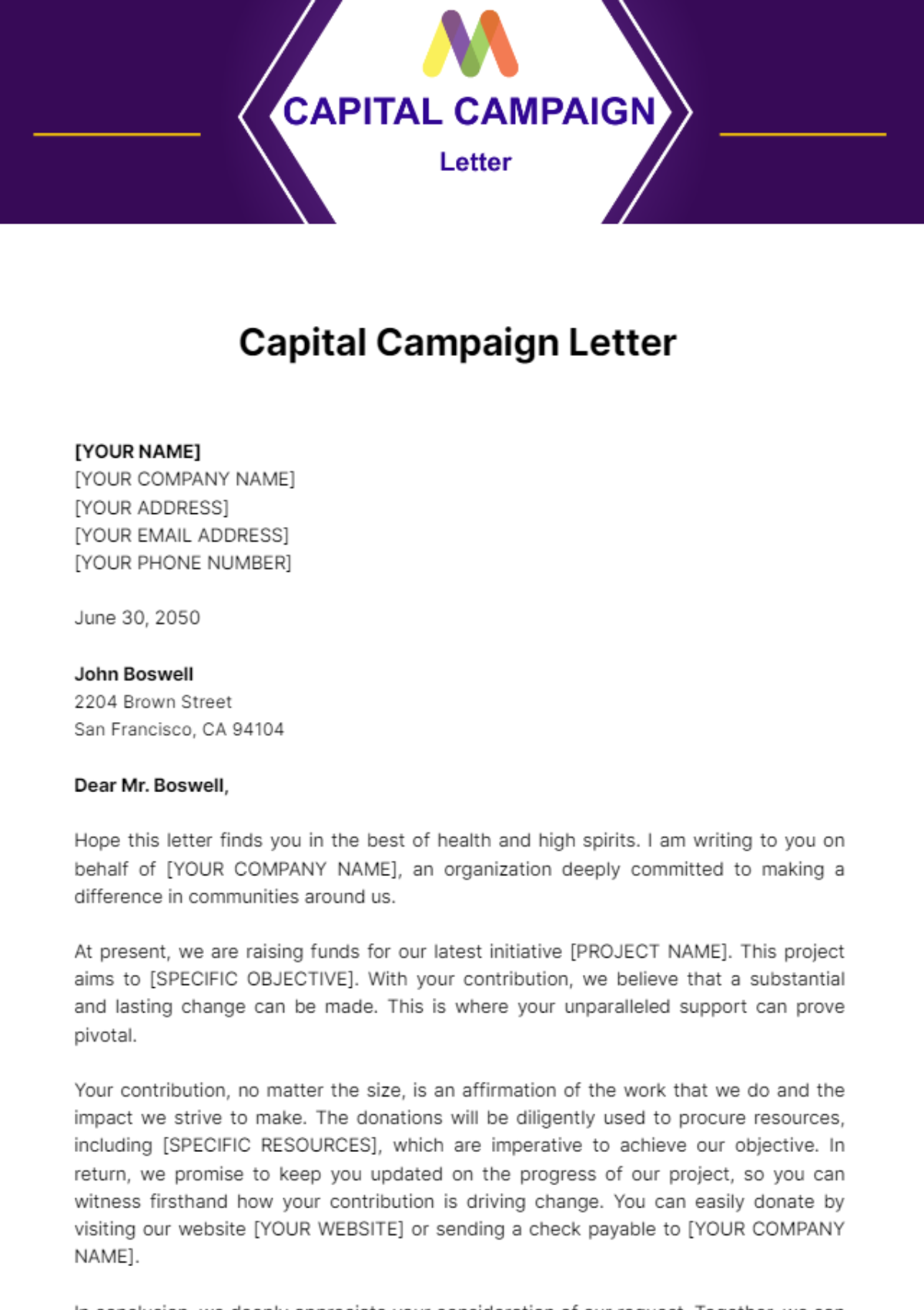 Capital Campaign Letter Template - Edit Online & Download