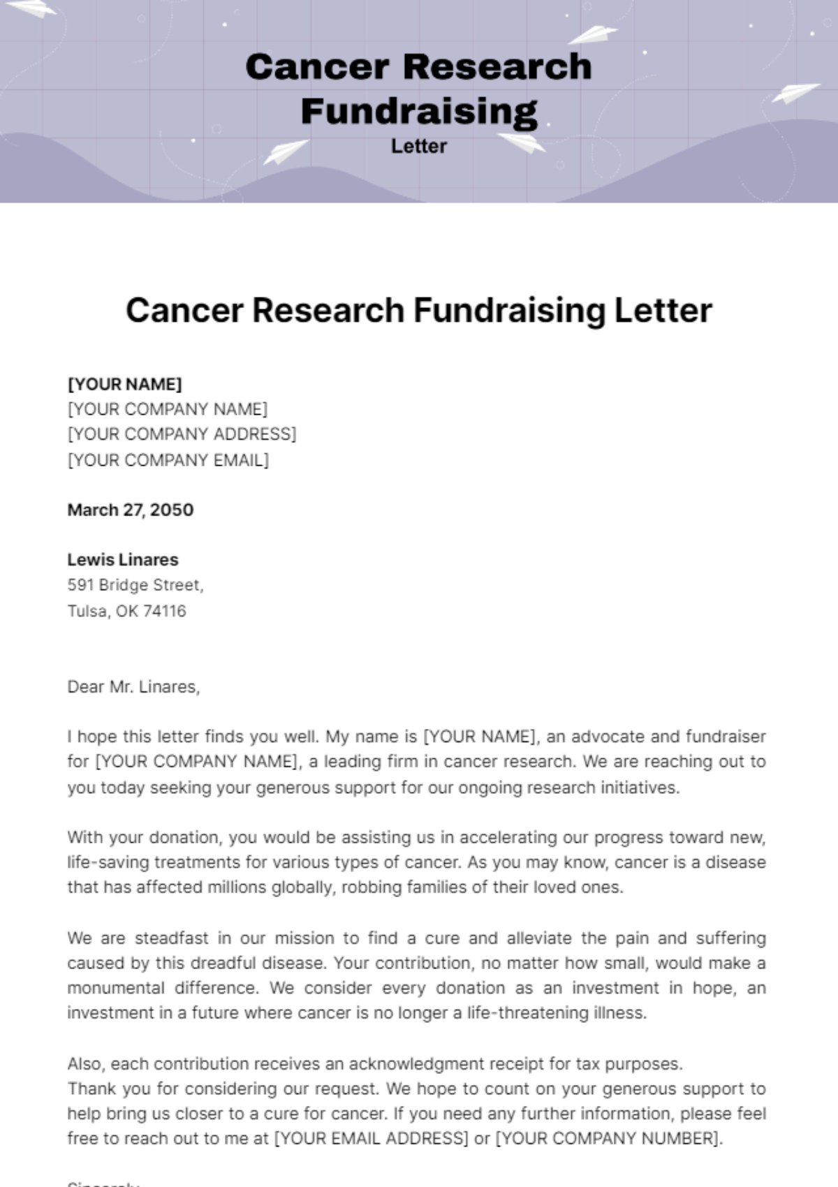 Cancer Research Fundraising Letter Template - Edit Online & Download