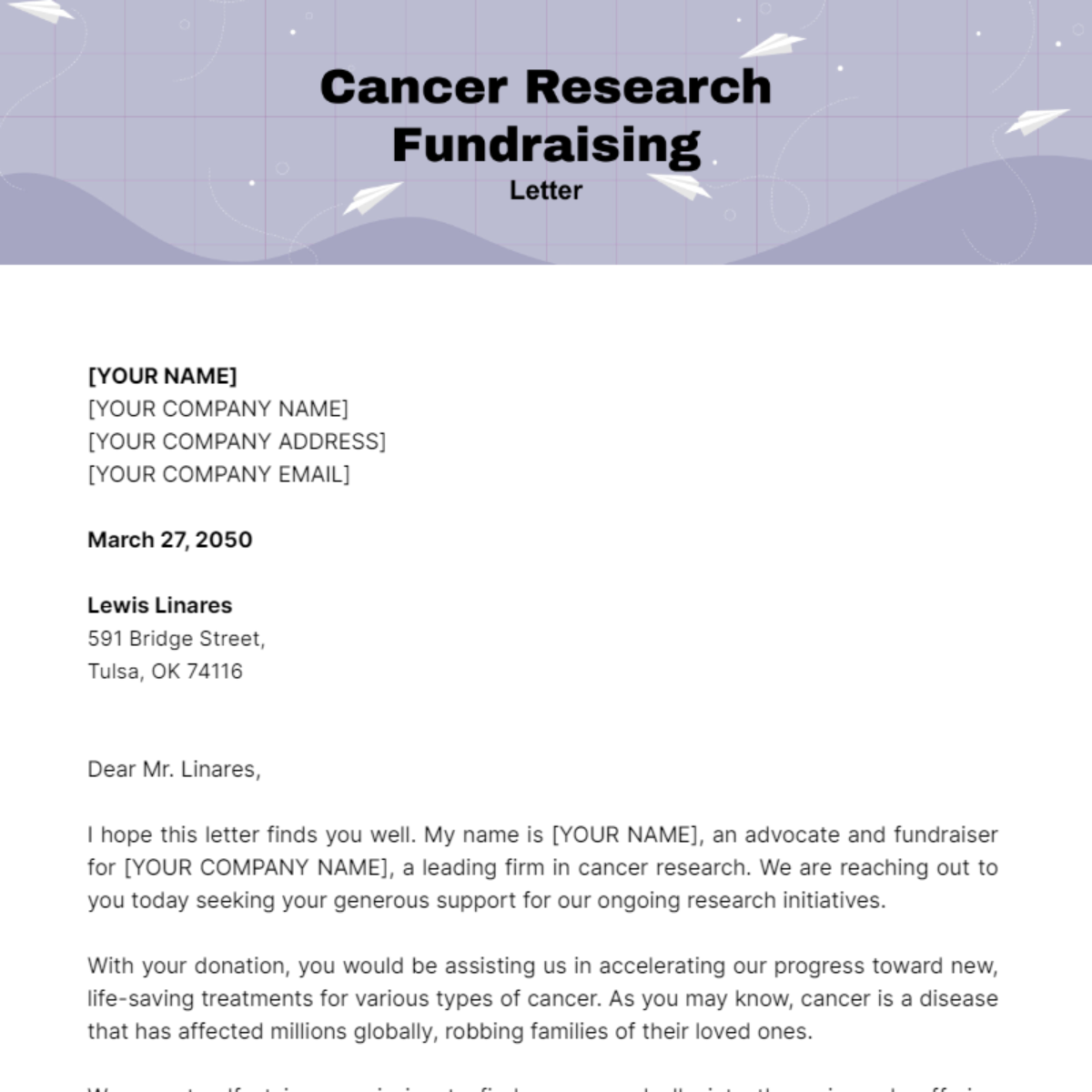 Cancer Research Fundraising Letter Template - Edit Online & Download