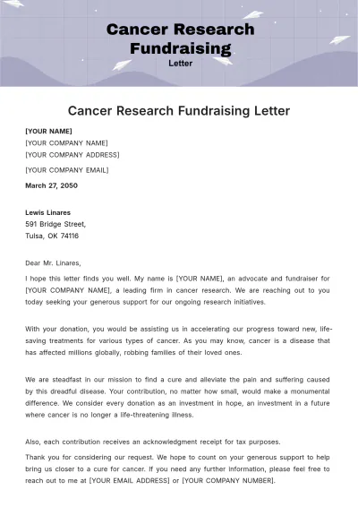 Free Cancer Research Fundraising Letter Template to Edit Online