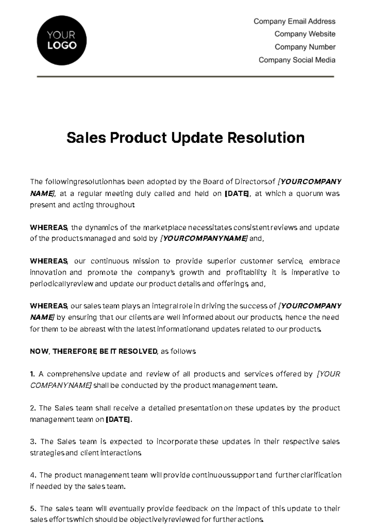 Free Sales Product Update Resolution Template