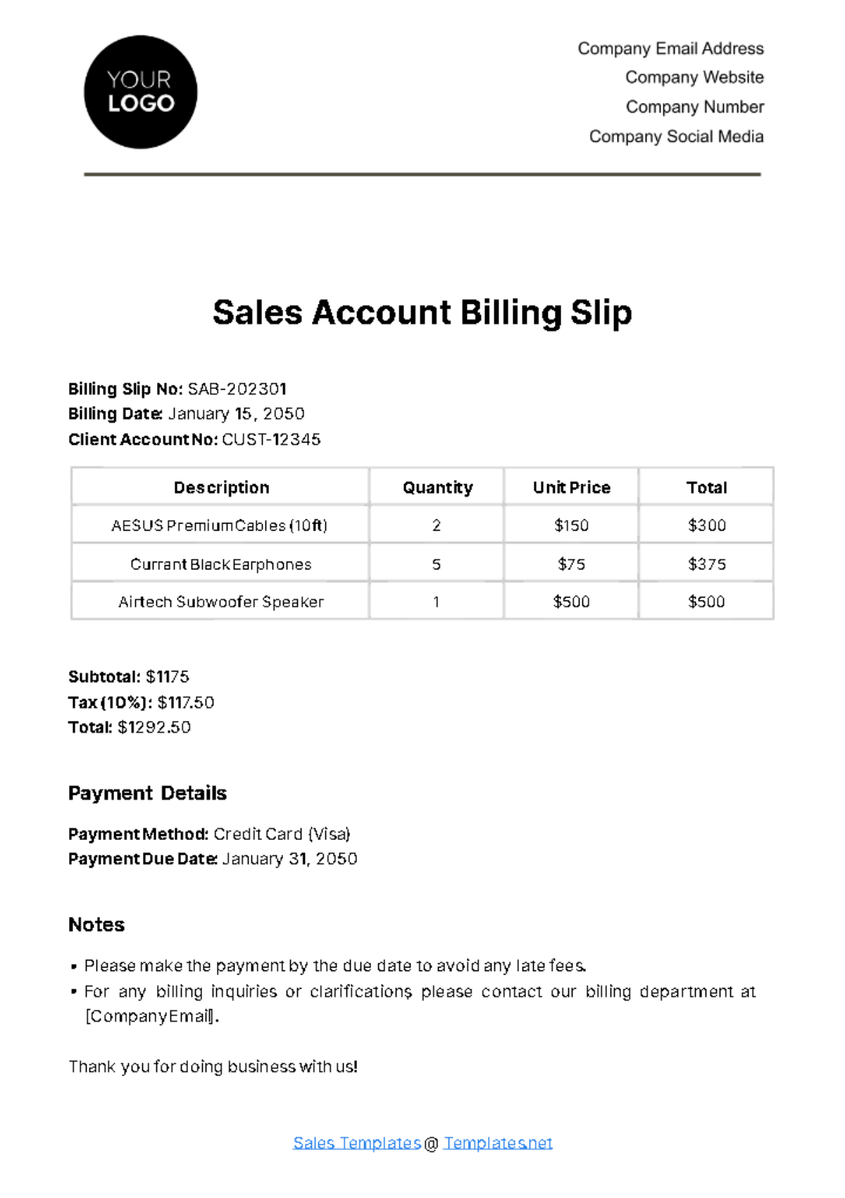 Sales Account Billing Slip Template