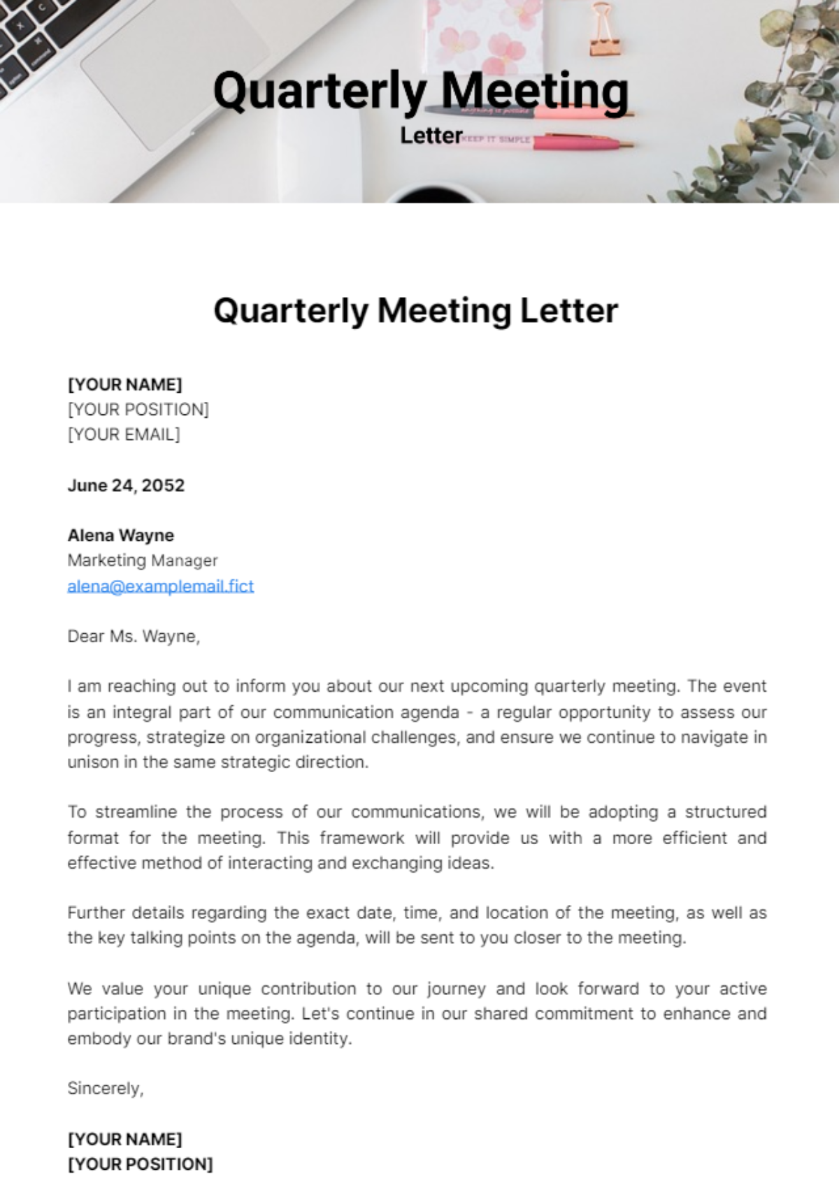 Quarterly Meeting Letter Template - Edit Online & Download