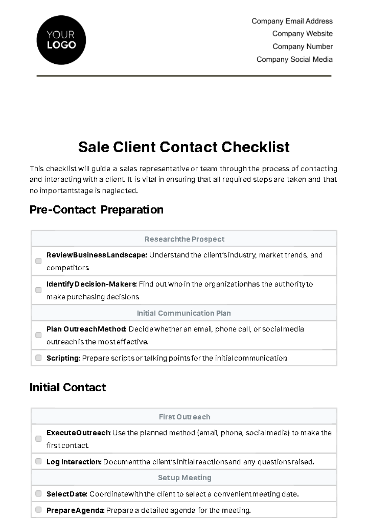 Sales Client Contact Checklist Template